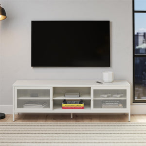 Systembuild Evolution Sunset District Metal TV Stand for TVs up to 65" with Perforated Metal Sliding Doors - White
