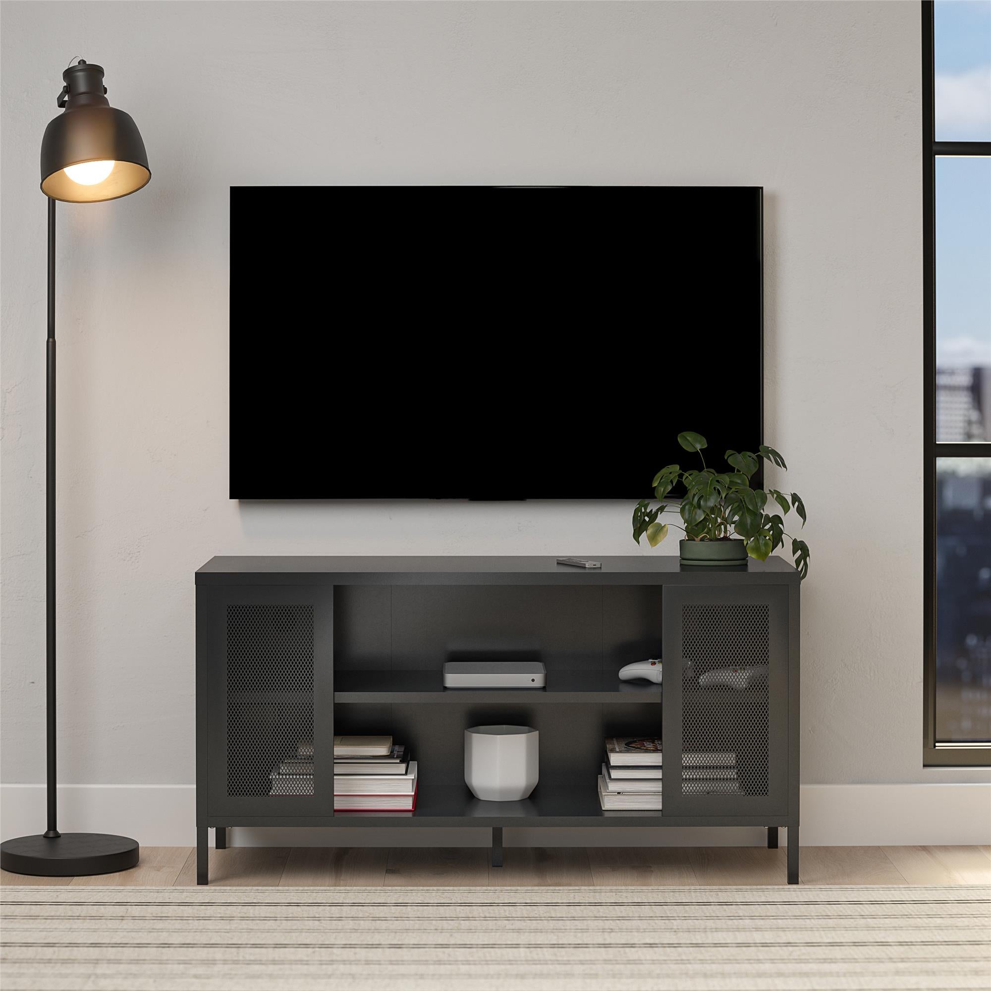Systembuild Evolution Sunset District Metal TV Stand for TVs up to 50" with Perforated Metal Mesh Accents - Black
