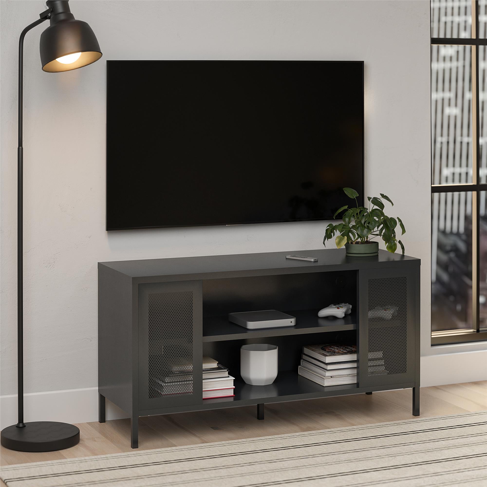 Systembuild Evolution Sunset District Metal TV Stand for TVs up to 50" with Perforated Metal Mesh Accents - Black
