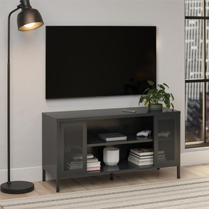 Systembuild Evolution Sunset District Metal TV Stand for TVs up to 50" with Perforated Metal Mesh Accents - Black