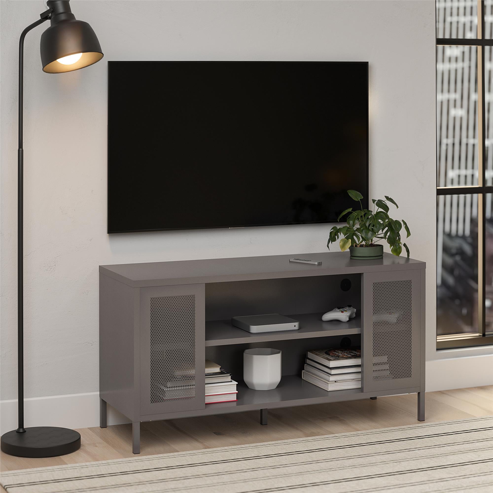 Systembuild Evolution Sunset District Metal TV Stand for TVs up to 50" with Perforated Metal Mesh Accents - Graphite Grey