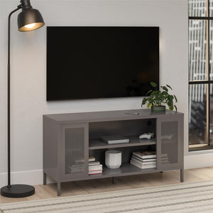 Systembuild Evolution Sunset District Metal TV Stand for TVs up to 50" with Perforated Metal Mesh Accents - Graphite Grey
