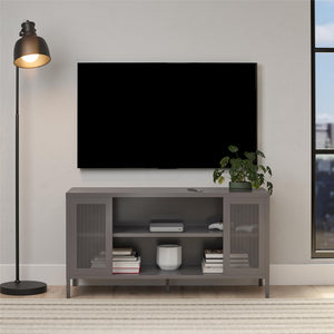 Systembuild Evolution Sunset District Metal TV Stand for TVs up to 50" with Perforated Metal Mesh Accents - Graphite Grey
