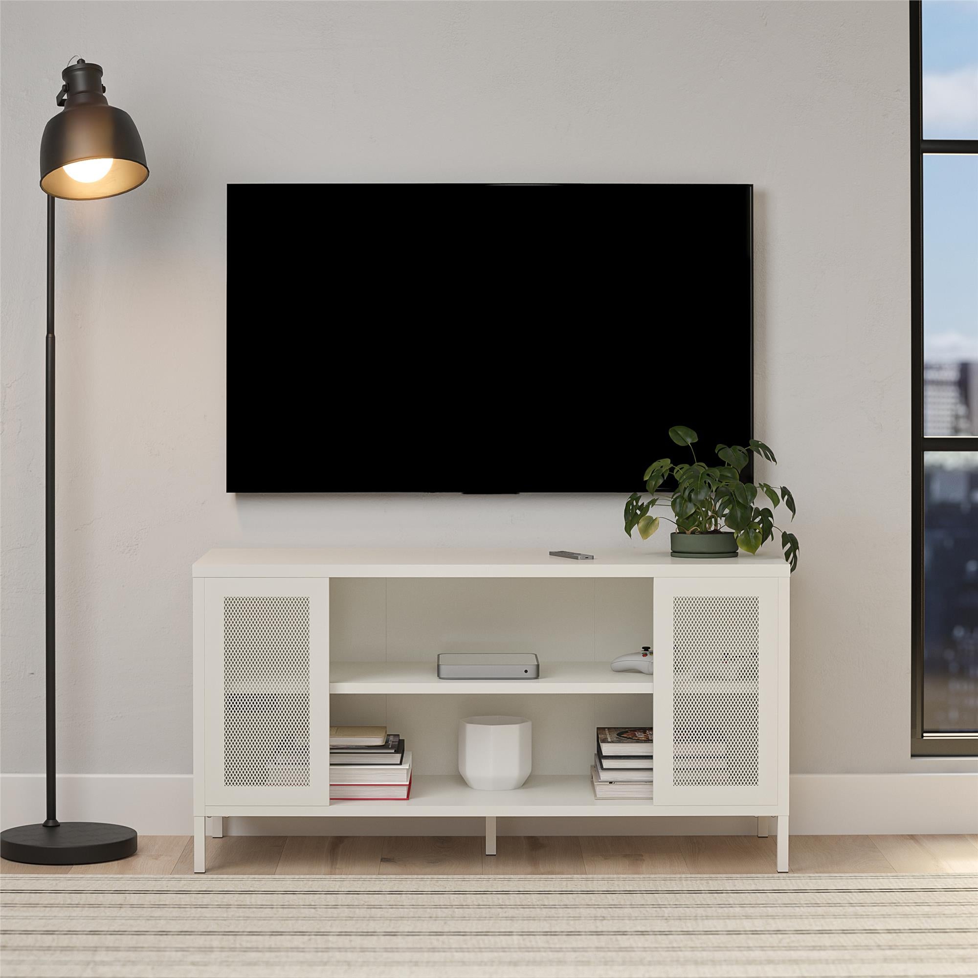 Systembuild Evolution Sunset District Metal TV Stand for TVs up to 50" with Perforated Metal Mesh Accents - White
