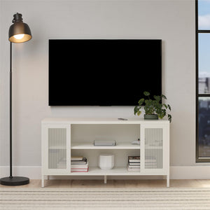 Systembuild Evolution Sunset District Metal TV Stand for TVs up to 50" with Perforated Metal Mesh Accents - White