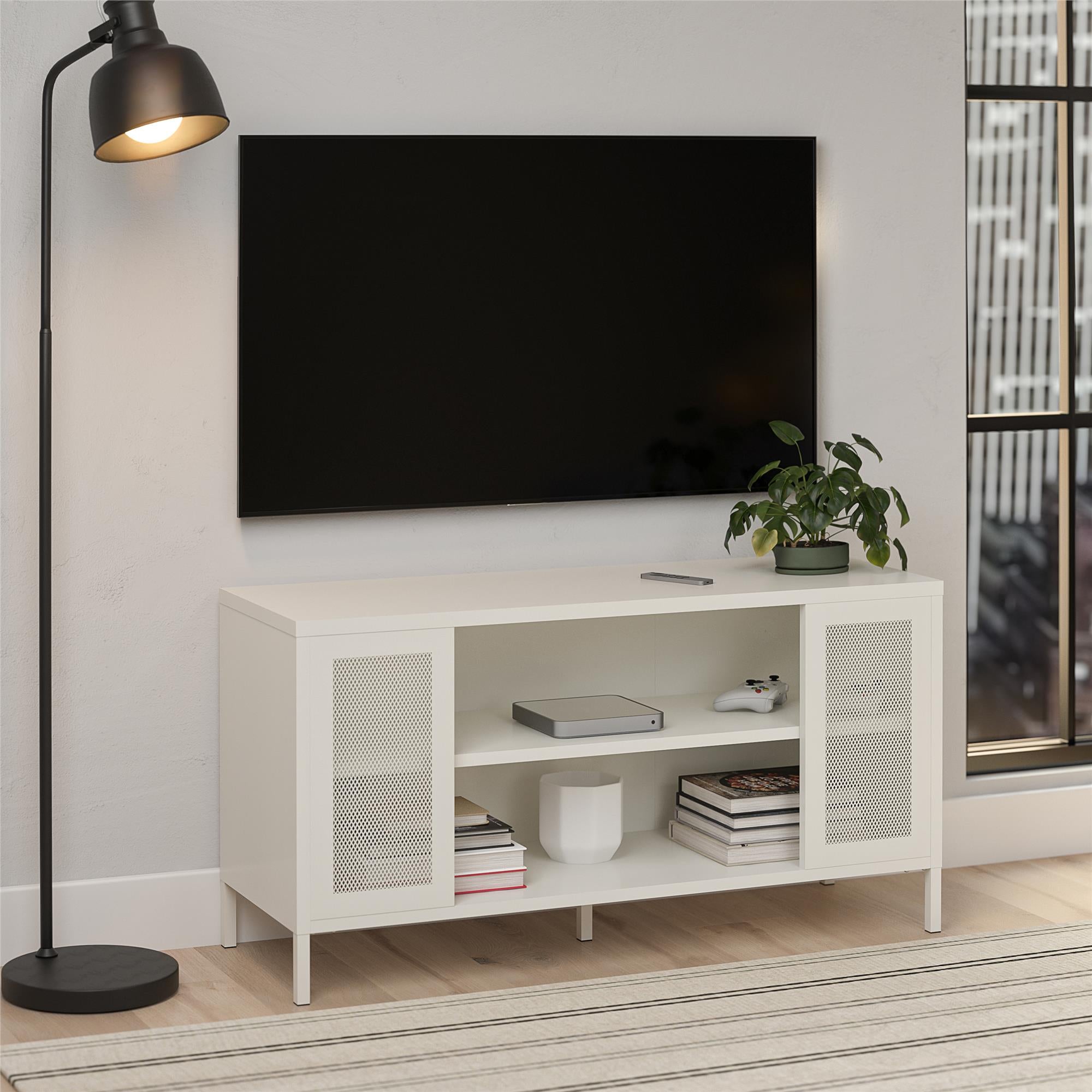 Systembuild Evolution Sunset District Metal TV Stand for TVs up to 50" with Perforated Metal Mesh Accents - White