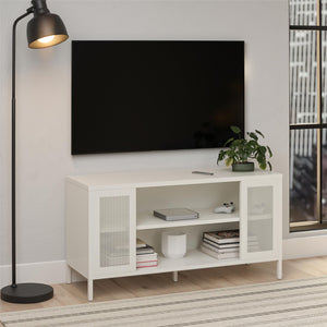 Systembuild Evolution Sunset District Metal TV Stand for TVs up to 50" with Perforated Metal Mesh Accents - White