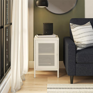 Systembuild Evolution Sunset District Side Table with Perforated Metal Mesh Door - White
