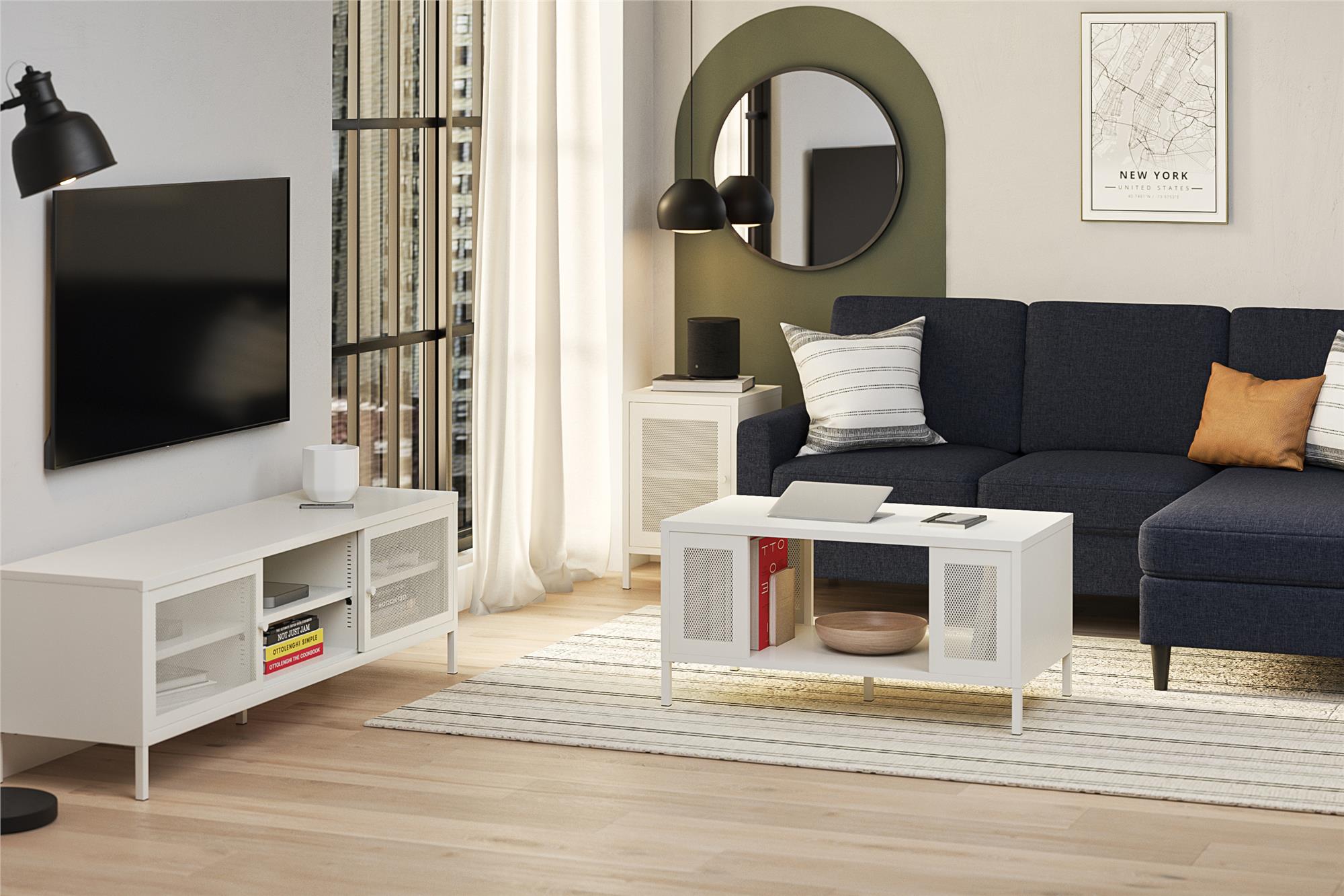 Systembuild Evolution Sunset District Metal Coffee Table with Perforated Metal Mesh Accents - White