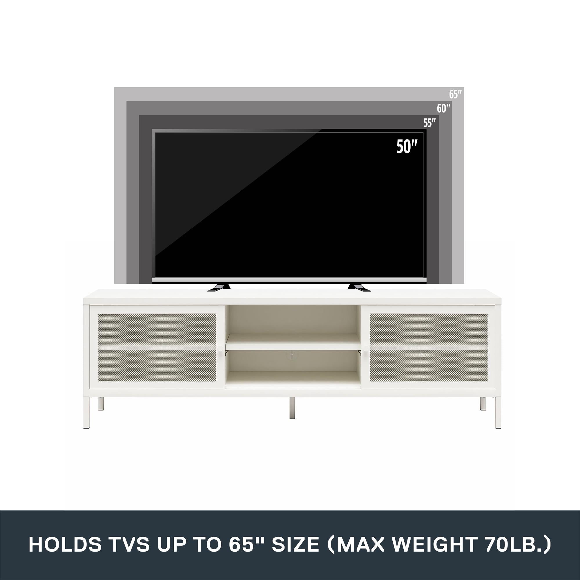 Systembuild Evolution Sunset District Metal TV Stand for TVs up to 65" with Perforated Metal Sliding Doors - White