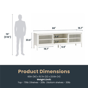 Systembuild Evolution Sunset District Metal TV Stand for TVs up to 65" with Perforated Metal Sliding Doors - White