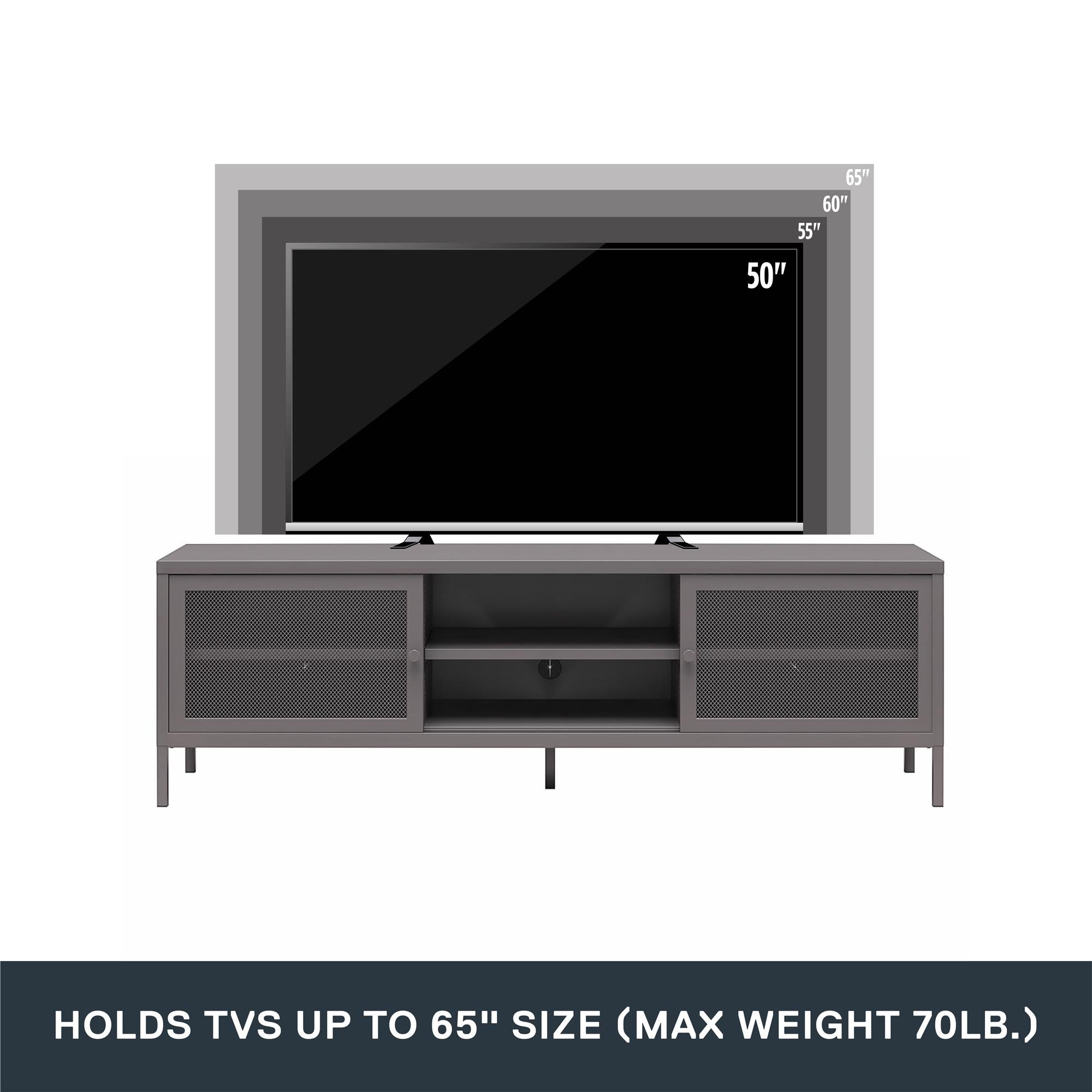 Systembuild Evolution Sunset District Metal TV Stand for TVs up to 65" with Perforated Metal Sliding Doors - Graphite Grey