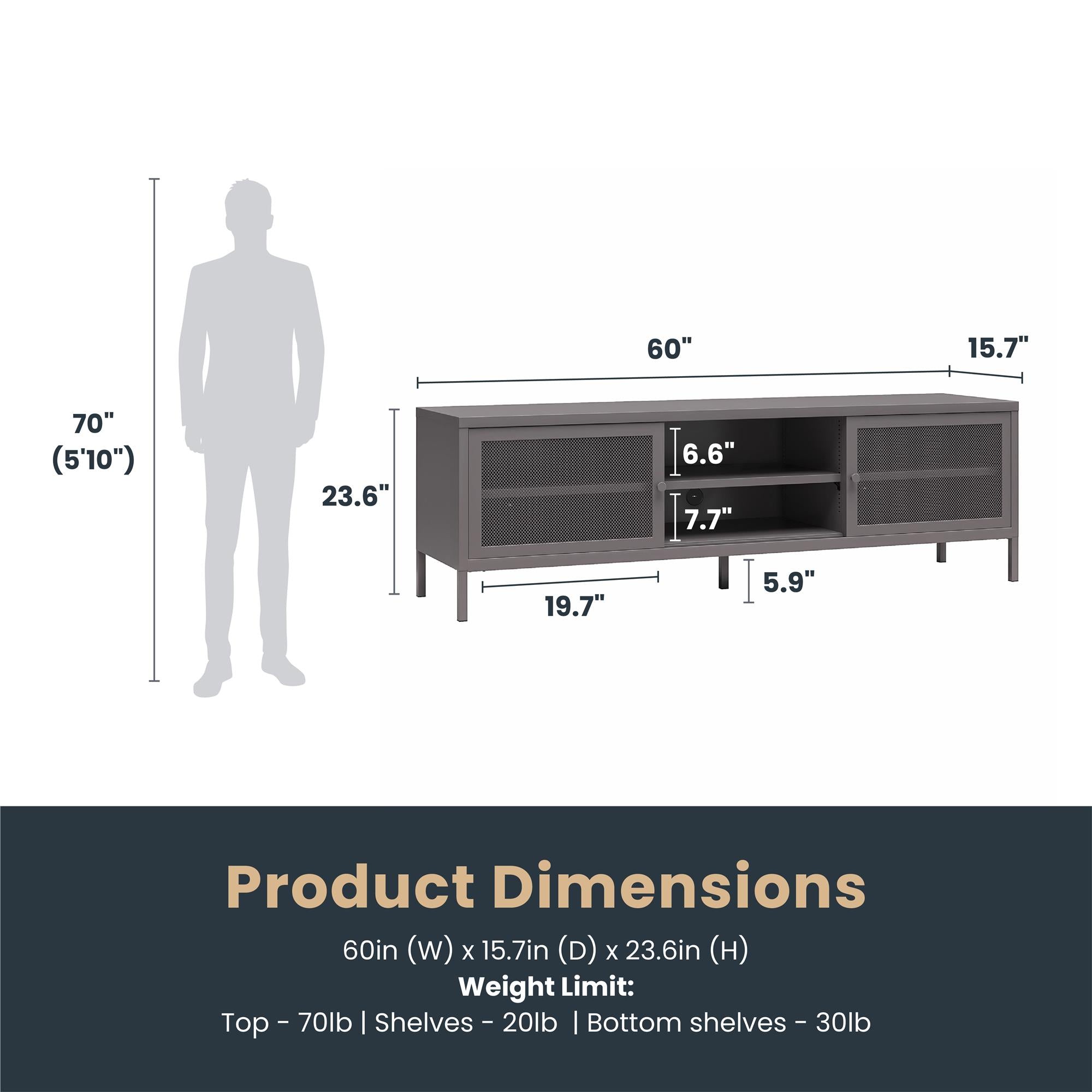 Systembuild Evolution Sunset District Metal TV Stand for TVs up to 65" with Perforated Metal Sliding Doors - Graphite Grey