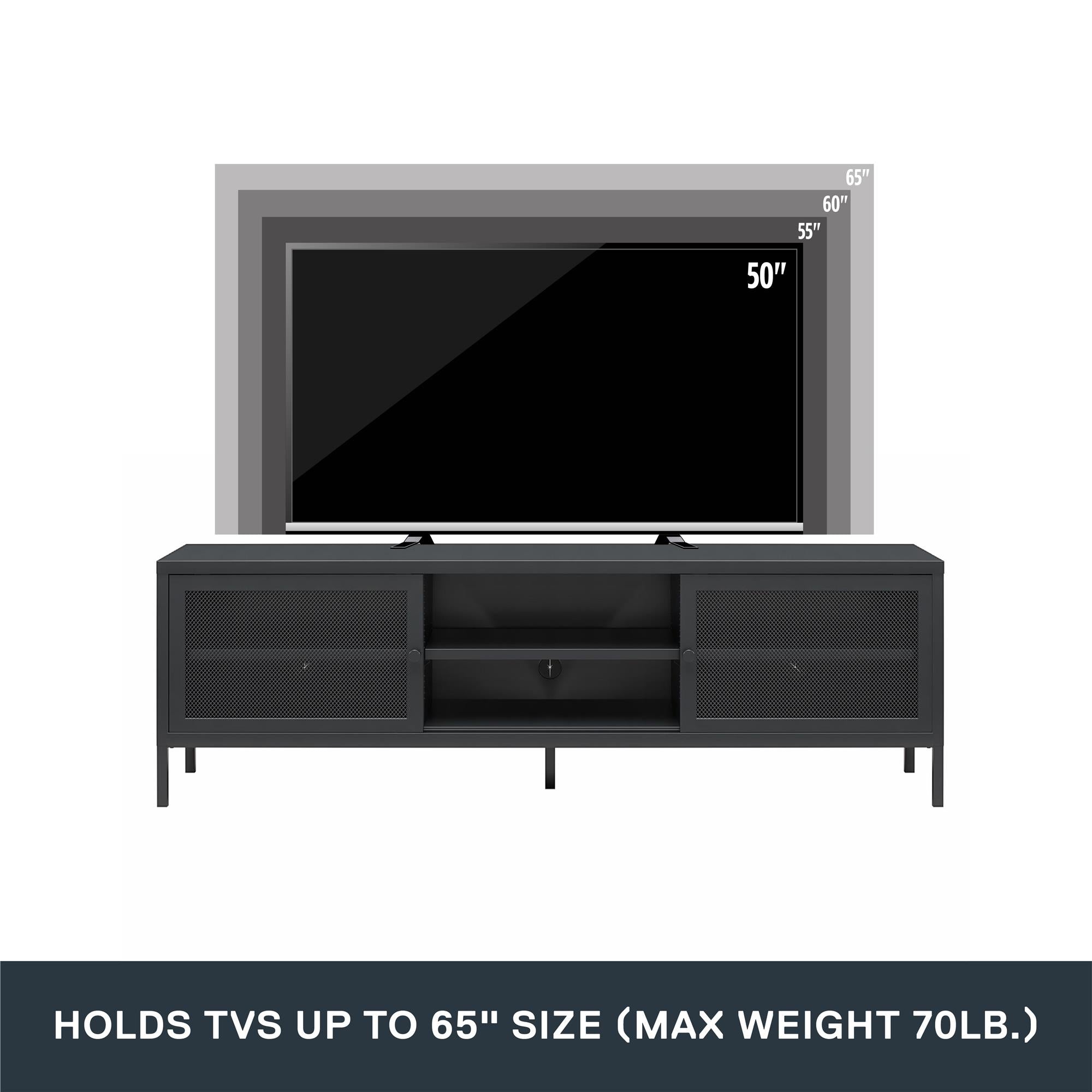 Systembuild Evolution Sunset District Metal TV Stand for TVs up to 65" with Perforated Metal Sliding Doors - Black