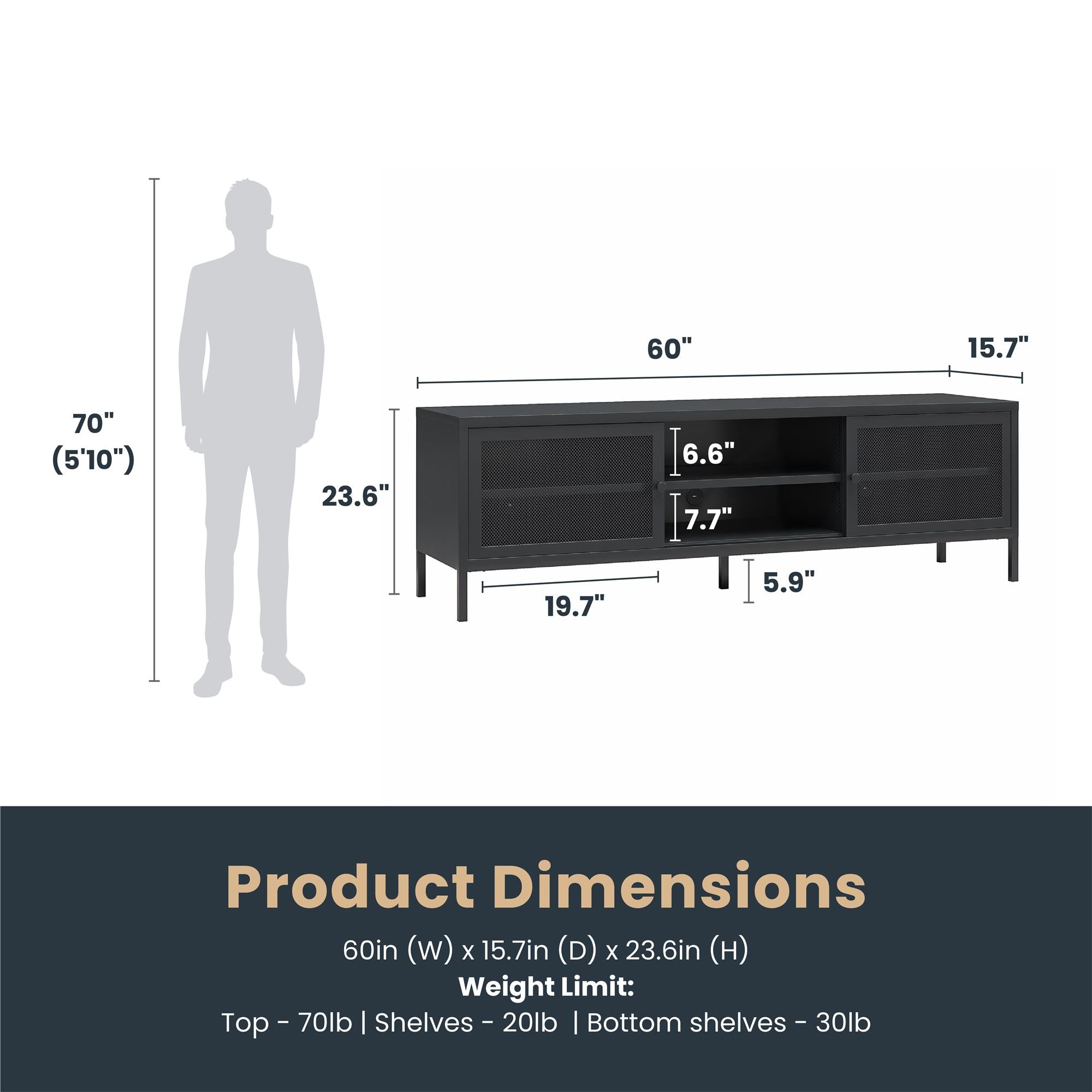 Systembuild Evolution Sunset District Metal TV Stand for TVs up to 65" with Perforated Metal Sliding Doors - Black