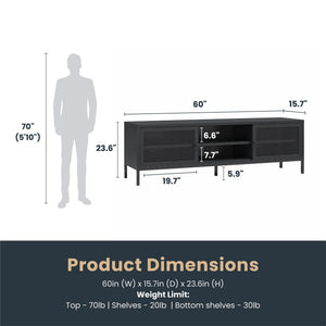 Systembuild Evolution Sunset District Metal TV Stand for TVs up to 65" with Perforated Metal Sliding Doors - Black