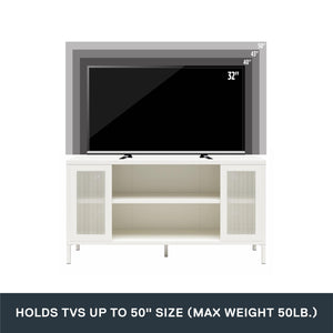Systembuild Evolution Sunset District Metal TV Stand for TVs up to 50" with Perforated Metal Mesh Accents - White