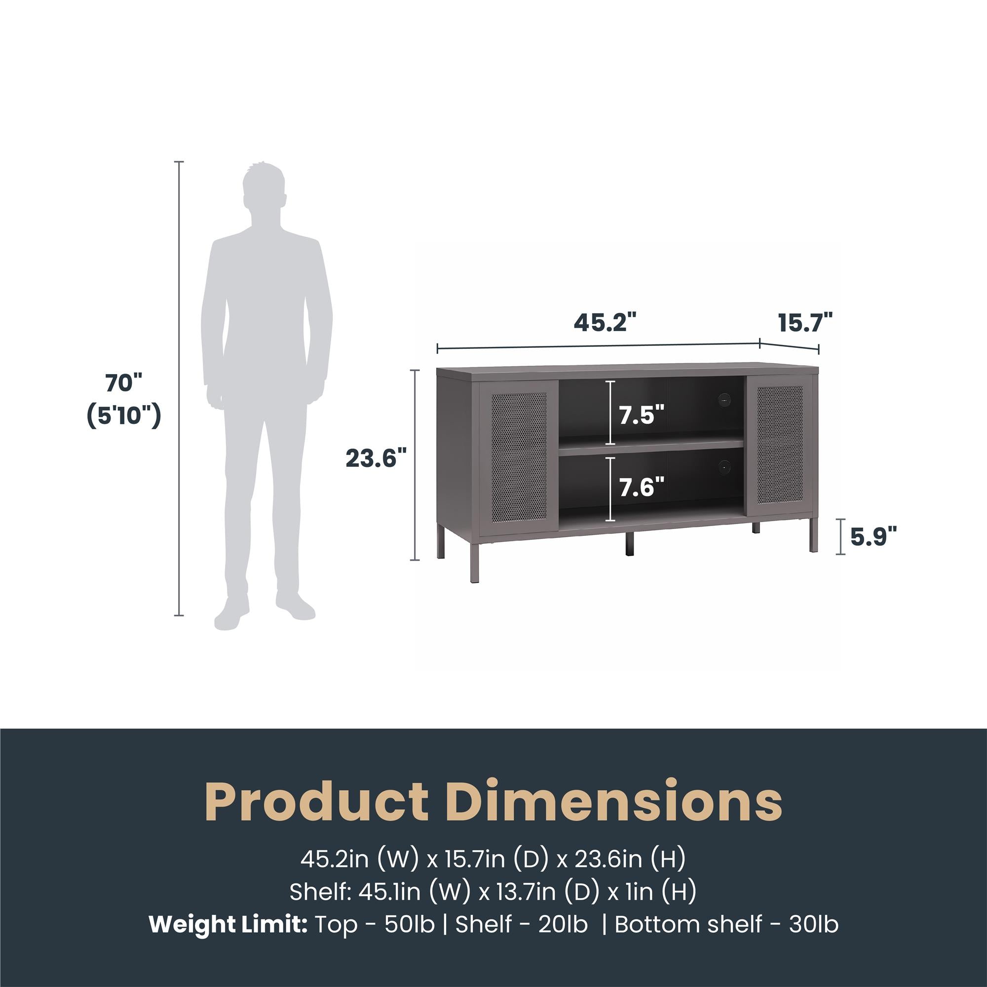 Systembuild Evolution Sunset District Metal TV Stand for TVs up to 50" with Perforated Metal Mesh Accents - Graphite Grey