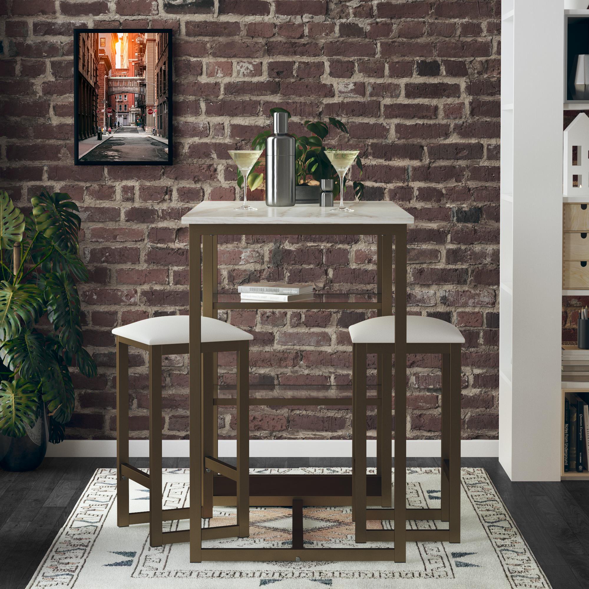 DHP Tanner 3-Piece Brass Dining Set with Faux Marble Top - White