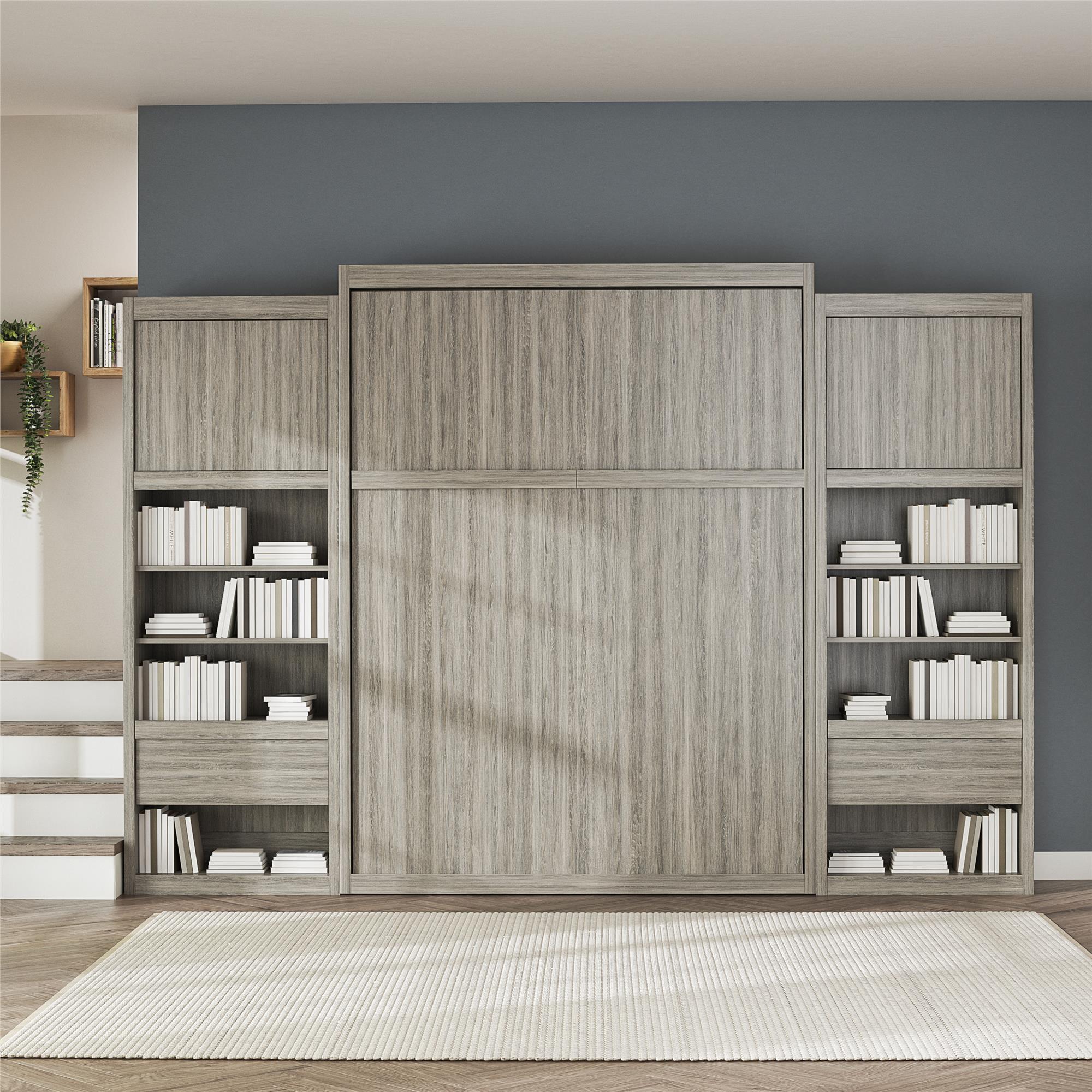 Signature Sleep Paramount Queen Wall Bed with 2 Bedside Storage Cabinets & 8" Memory Foam Mattress - Gray Oak - Queen