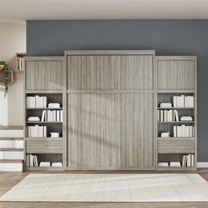 Signature Sleep Paramount Queen Wall Bed with 2 Bedside Storage Cabinets & 8" Memory Foam Mattress - Gray Oak - Queen