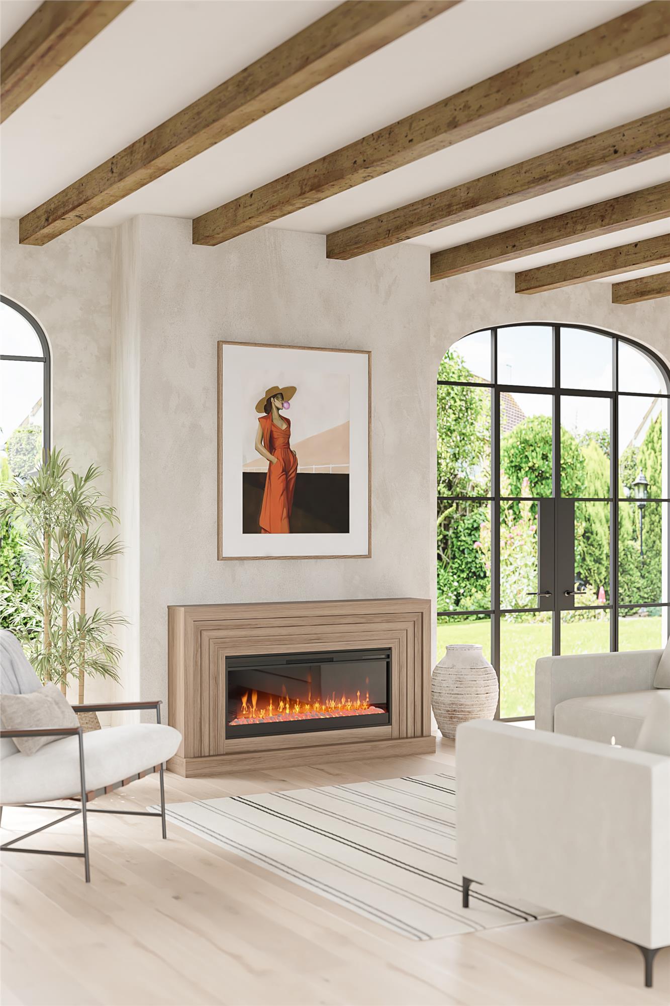 Novogratz Monroe Wide Mantel Stone and Crystal Electric Fireplace - Danish Walnut