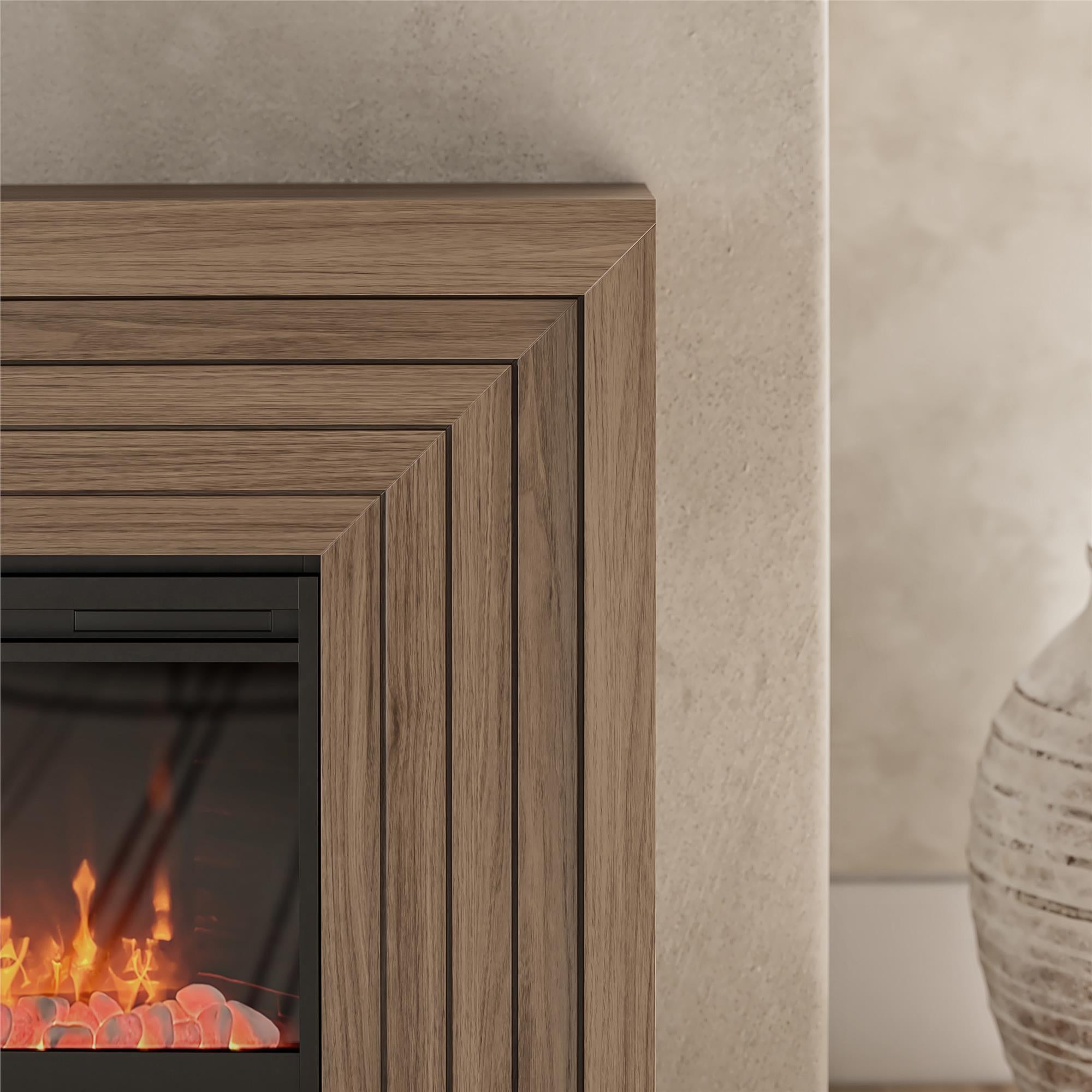 Novogratz Monroe Wide Mantel Stone and Crystal Electric Fireplace - Danish Walnut