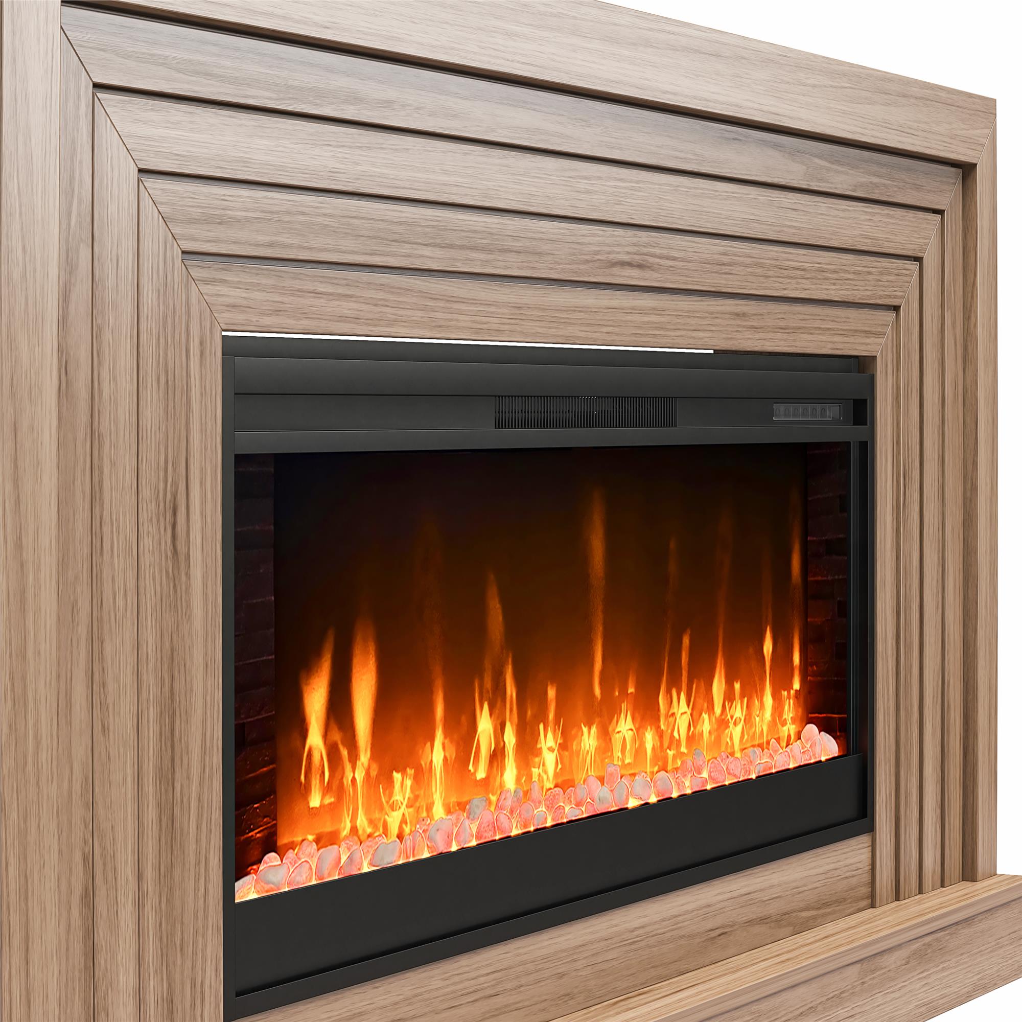Novogratz Monroe Wide Mantel Stone and Crystal Electric Fireplace - Danish Walnut