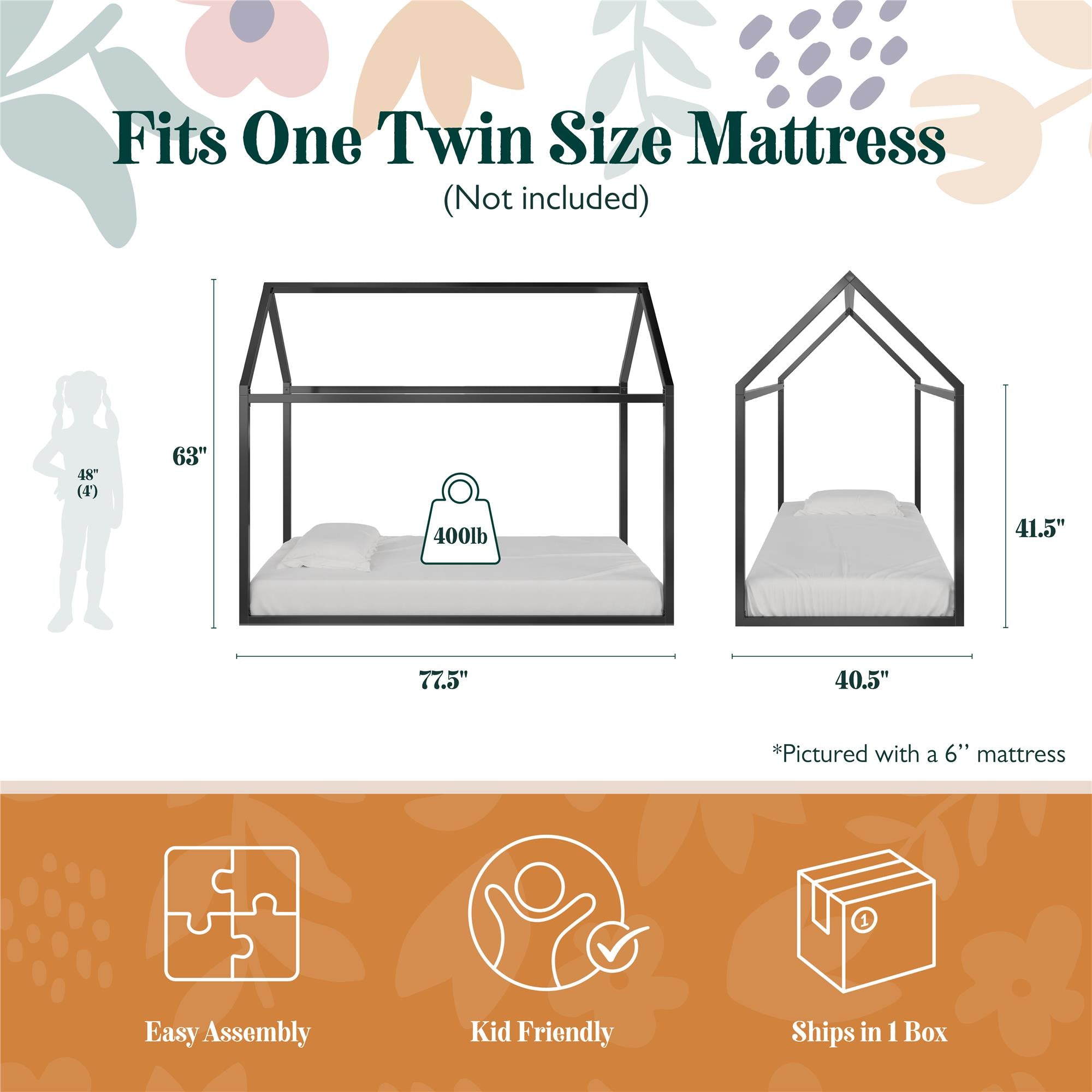 Max & Finn Skyler Metal House Bed - Black - Twin