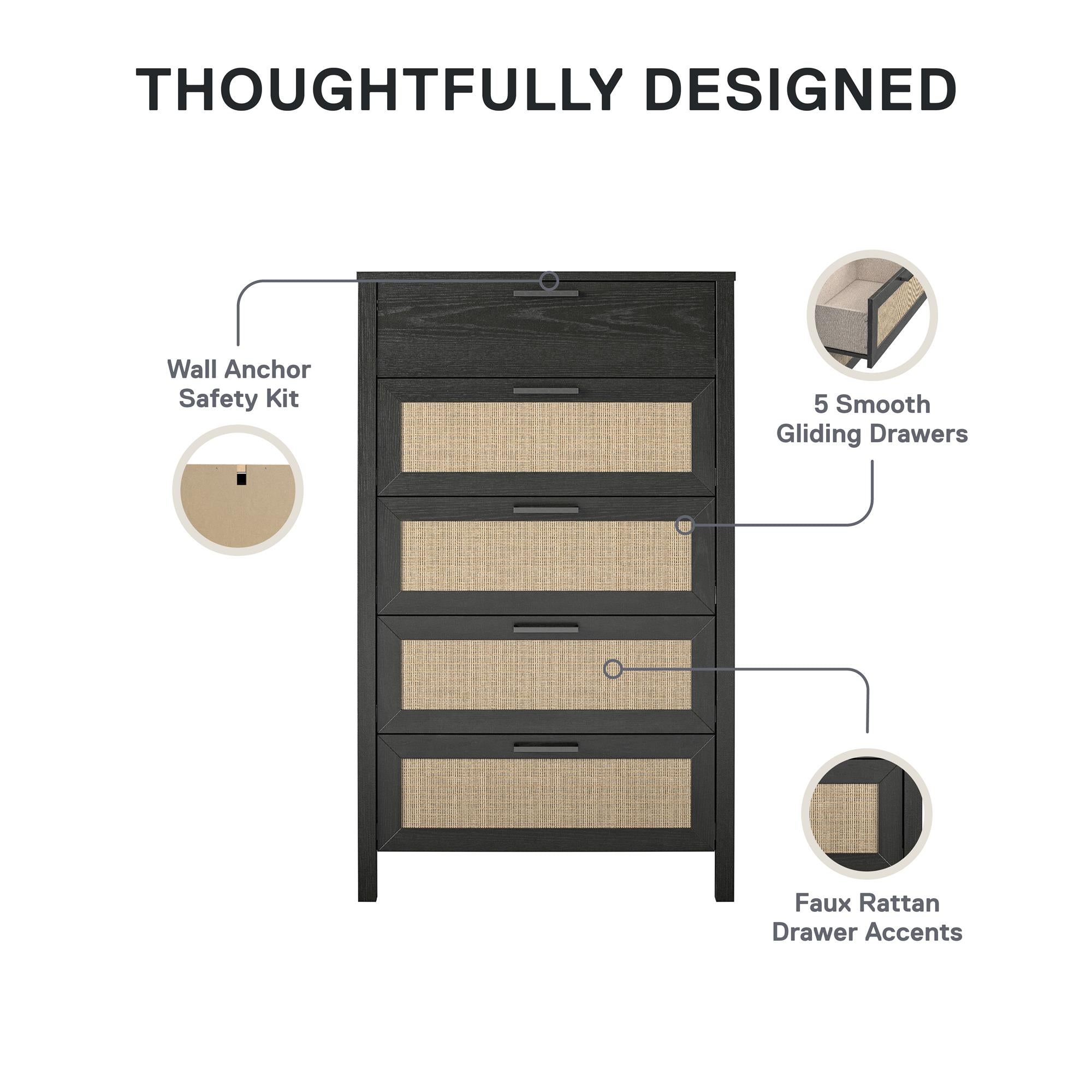 Ameriwood Home Wimberly 5-Drawer Dresser - Black Oak