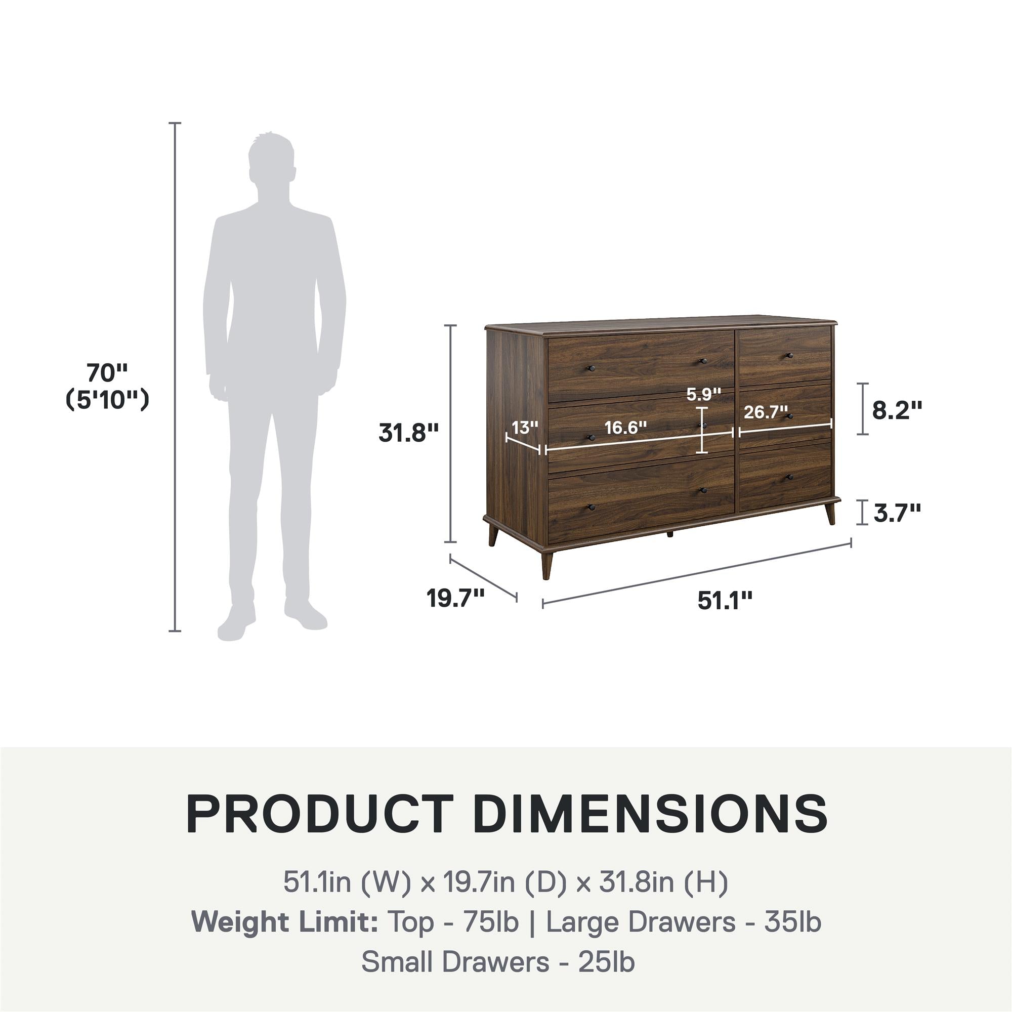Ameriwood Home Farnsworth 6-Drawer Dresser - Florence Walnut - 6 Drawer