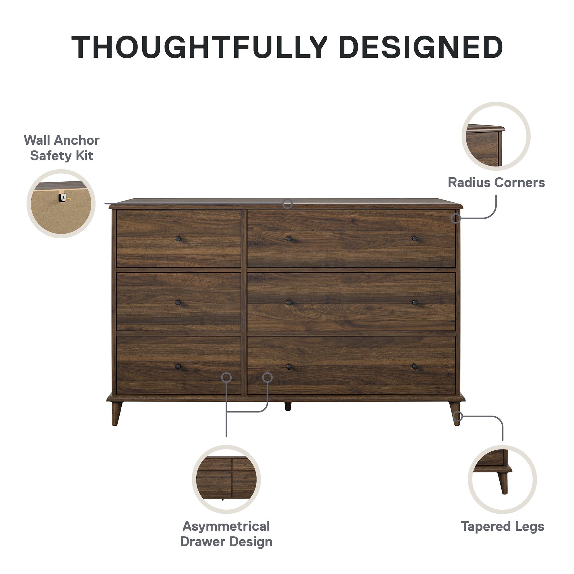 Ameriwood Home Farnsworth 6-Drawer Dresser - Florence Walnut - 6 Drawer