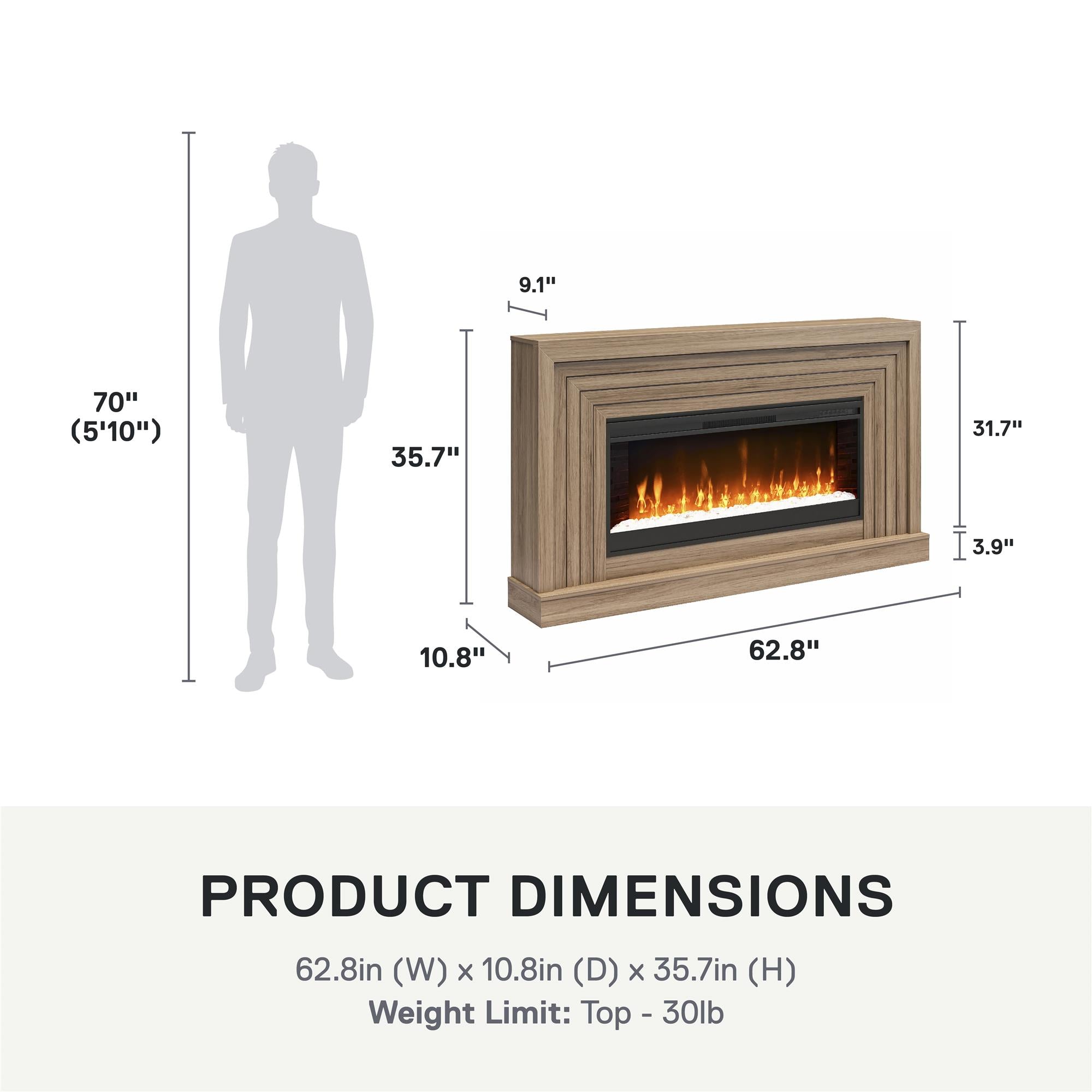 Novogratz Monroe Wide Mantel Stone and Crystal Electric Fireplace - Danish Walnut
