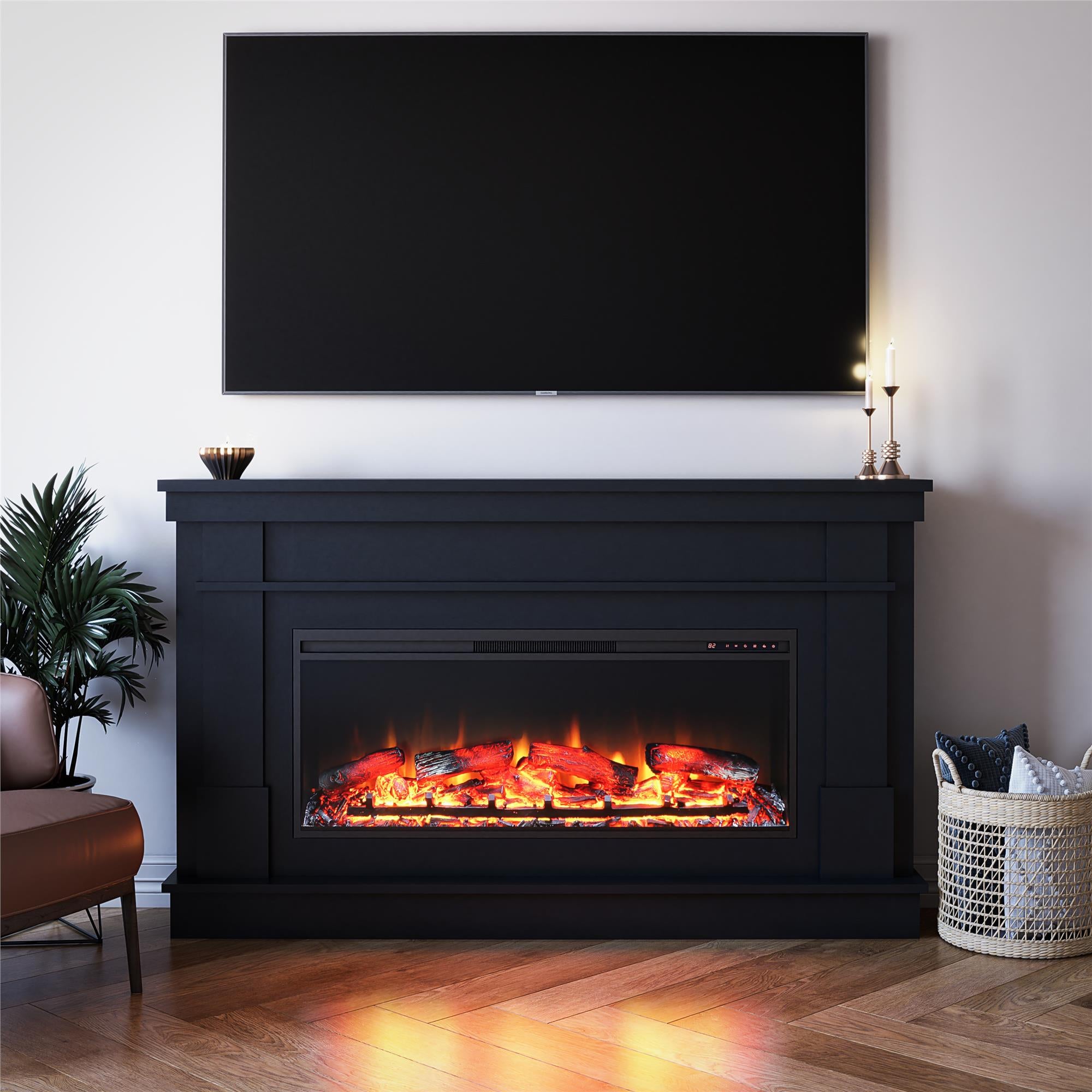 Ameriwood Home Elmcroft Wide Painted Mantel with Linear Electric Fireplace - Black
