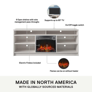 Ameriwood Home Hendrix TV Stand for TVs up to 65" with Electric Fireplace Insert and 6 Shelves - Ivory Oak