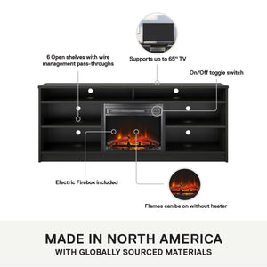Ameriwood Home Hendrix TV Stand for TVs up to 65" with Electric Fireplace Insert and 6 Shelves - Black Oak