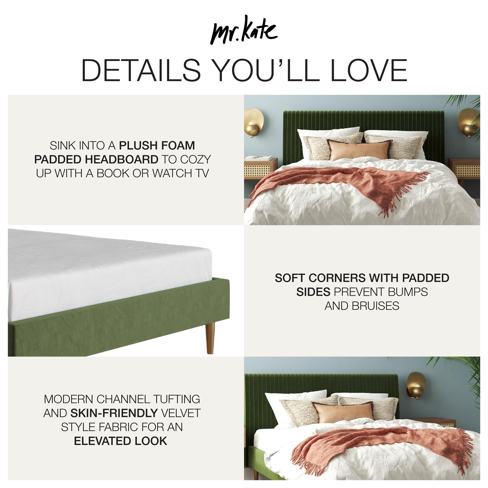 Mr. Kate Daphne Upholstered Bed - Olive Green Velvet - Queen