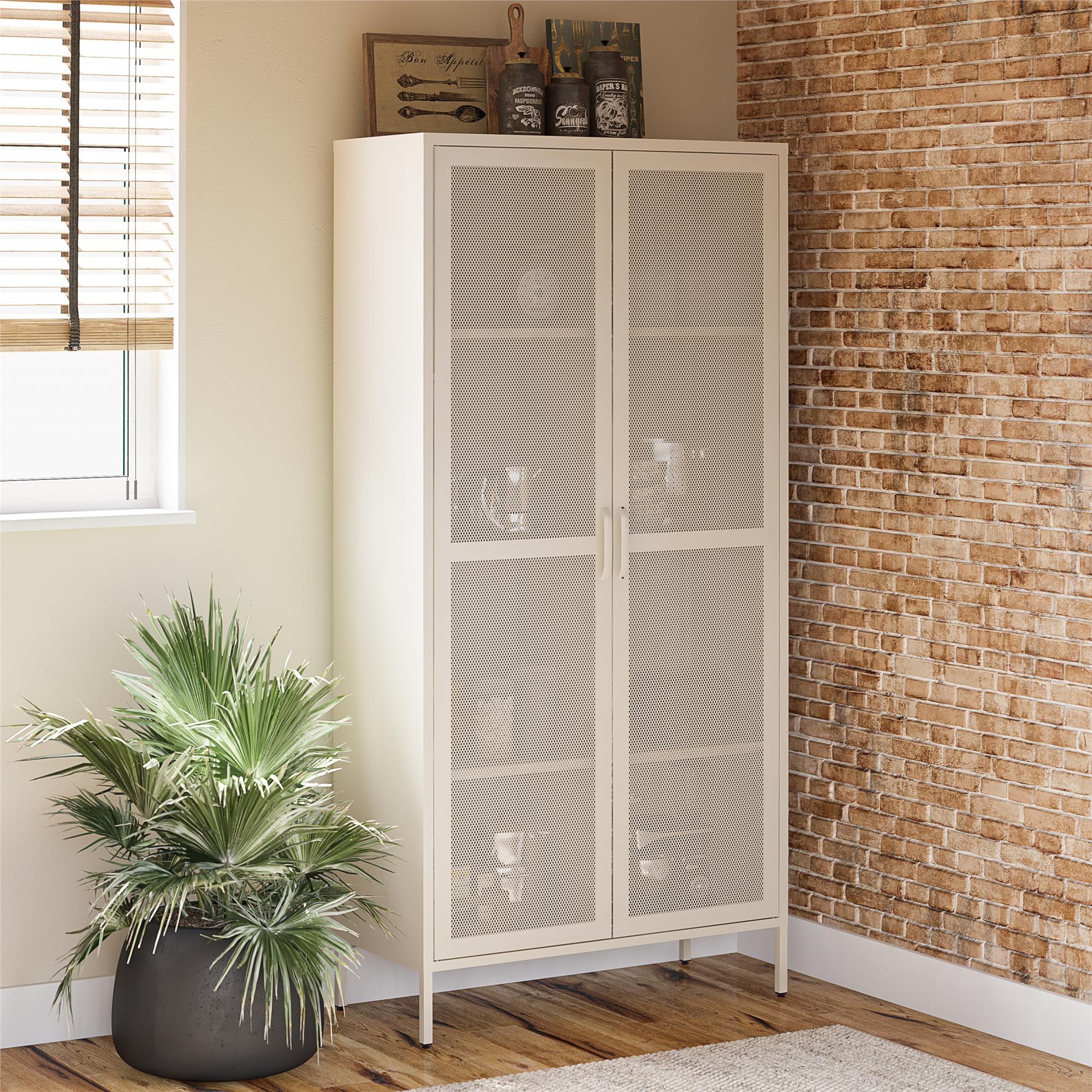 Novogratz Channing Tall 2 Door Storage Cabinet-Mesh Metal Locker - Parchment