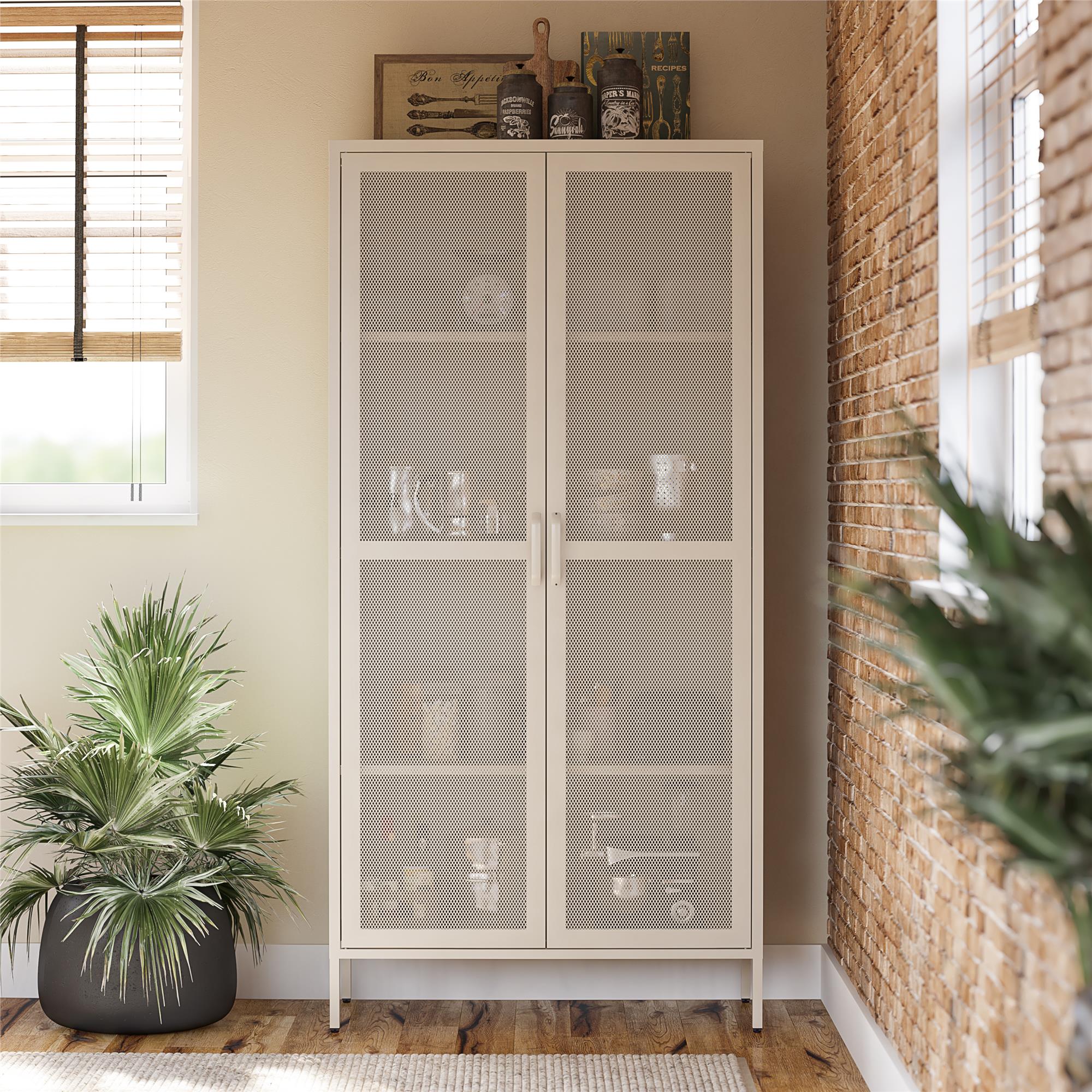 Novogratz Channing Tall 2 Door Storage Cabinet-Mesh Metal Locker - Parchment