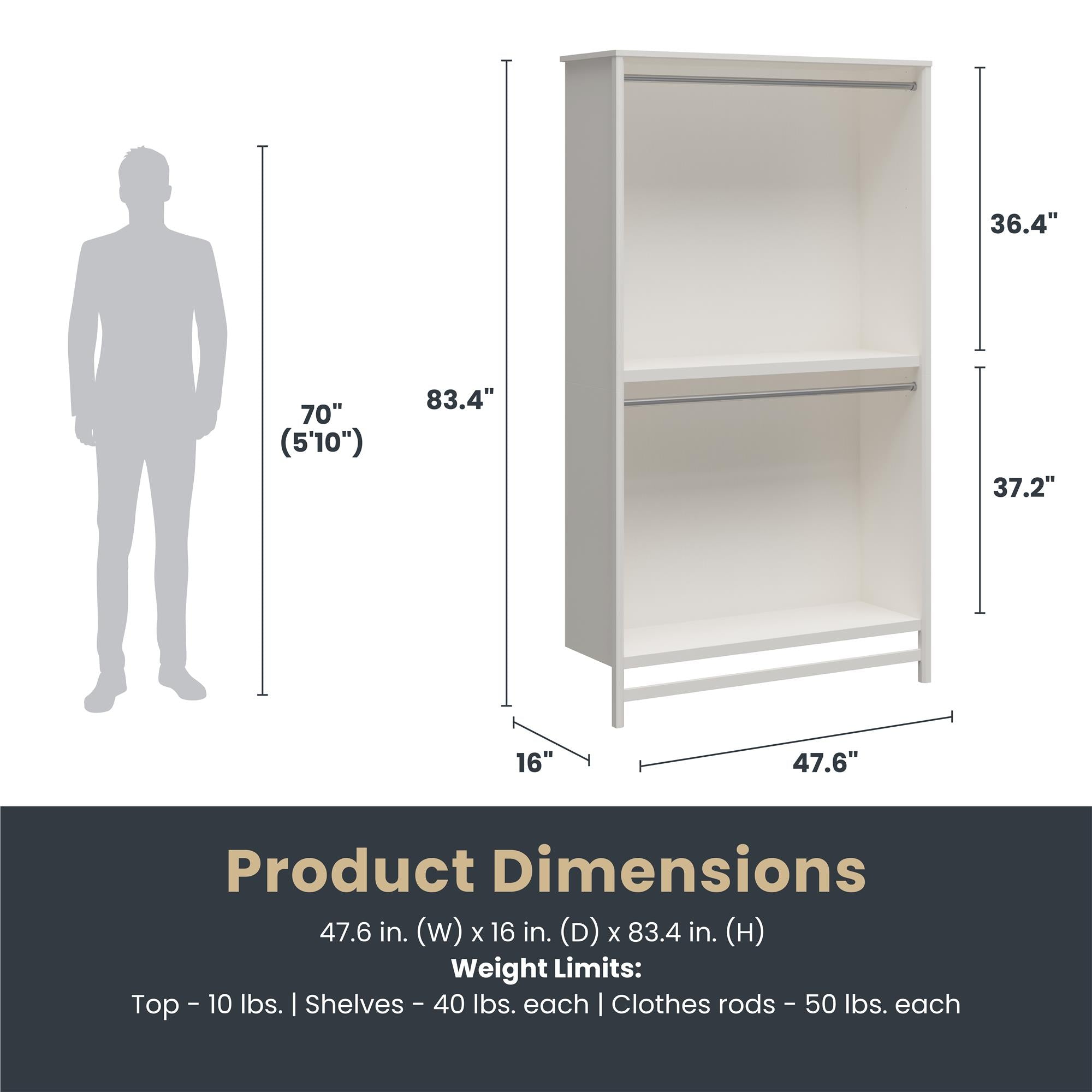 Systembuild Evolution Luxe Extra Wide 2-Shelf Double Clothing Rod Closet Tower - Ivory Oak