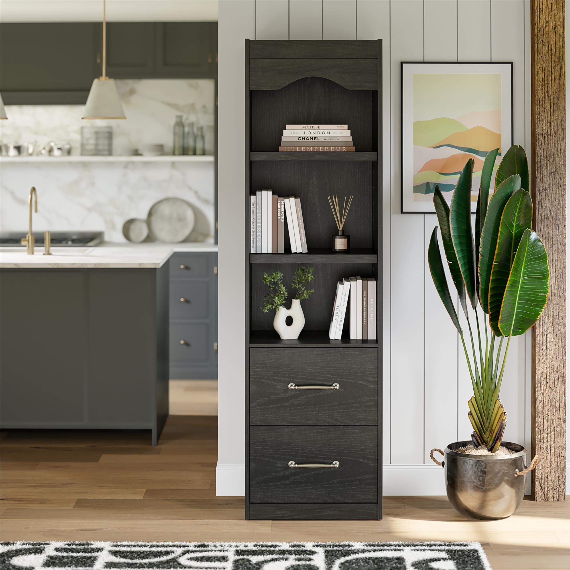 Novogratz Her Majesty 2-Drawer Storage Cabinet-Style Bookcase with Drawers - Black Oak