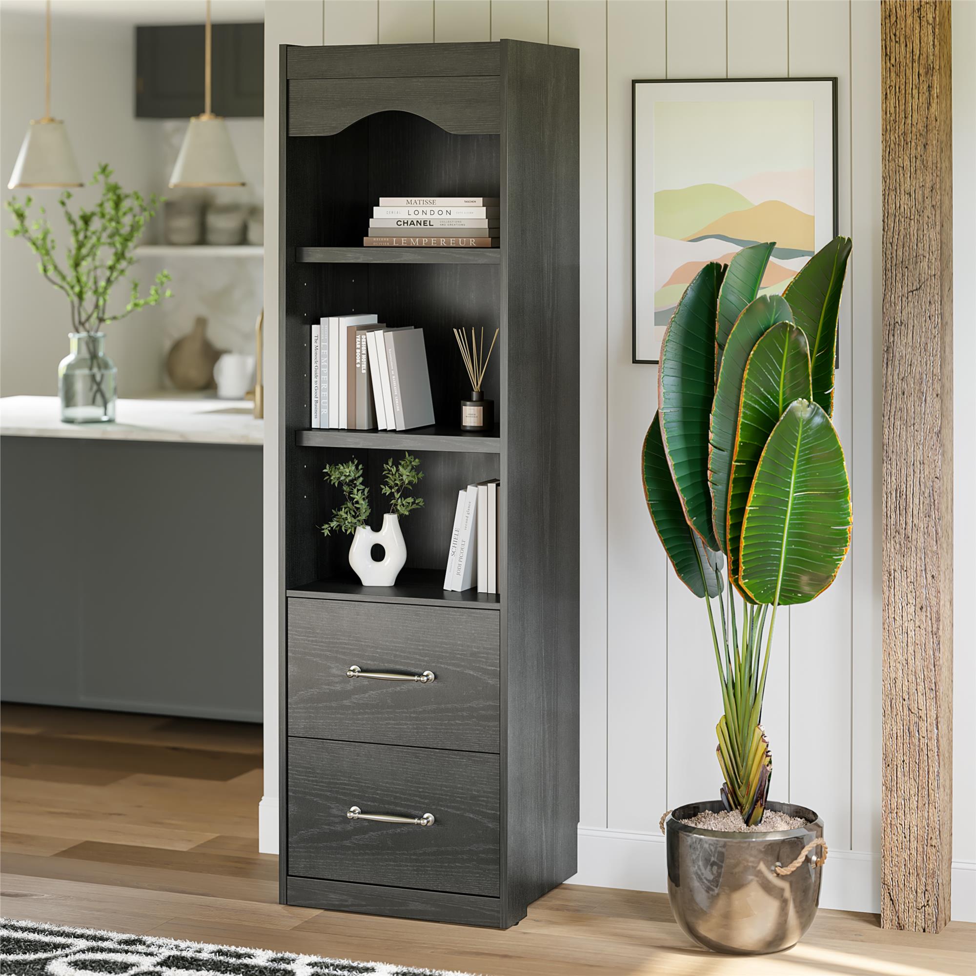 Novogratz Her Majesty 2-Drawer Storage Cabinet-Style Bookcase with Drawers - Black Oak