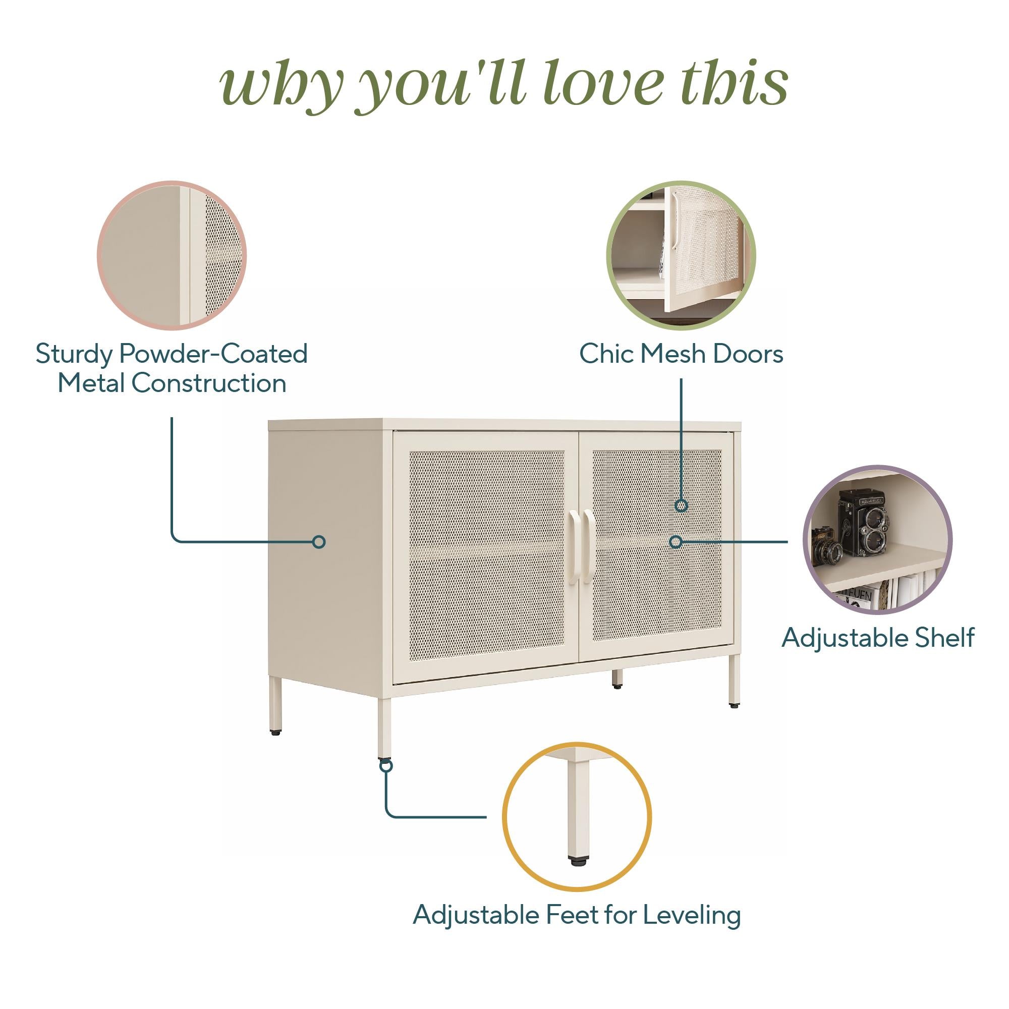Novogratz Channing 2 Door Accent Cabinet-Mesh Metal Locker - Parchment