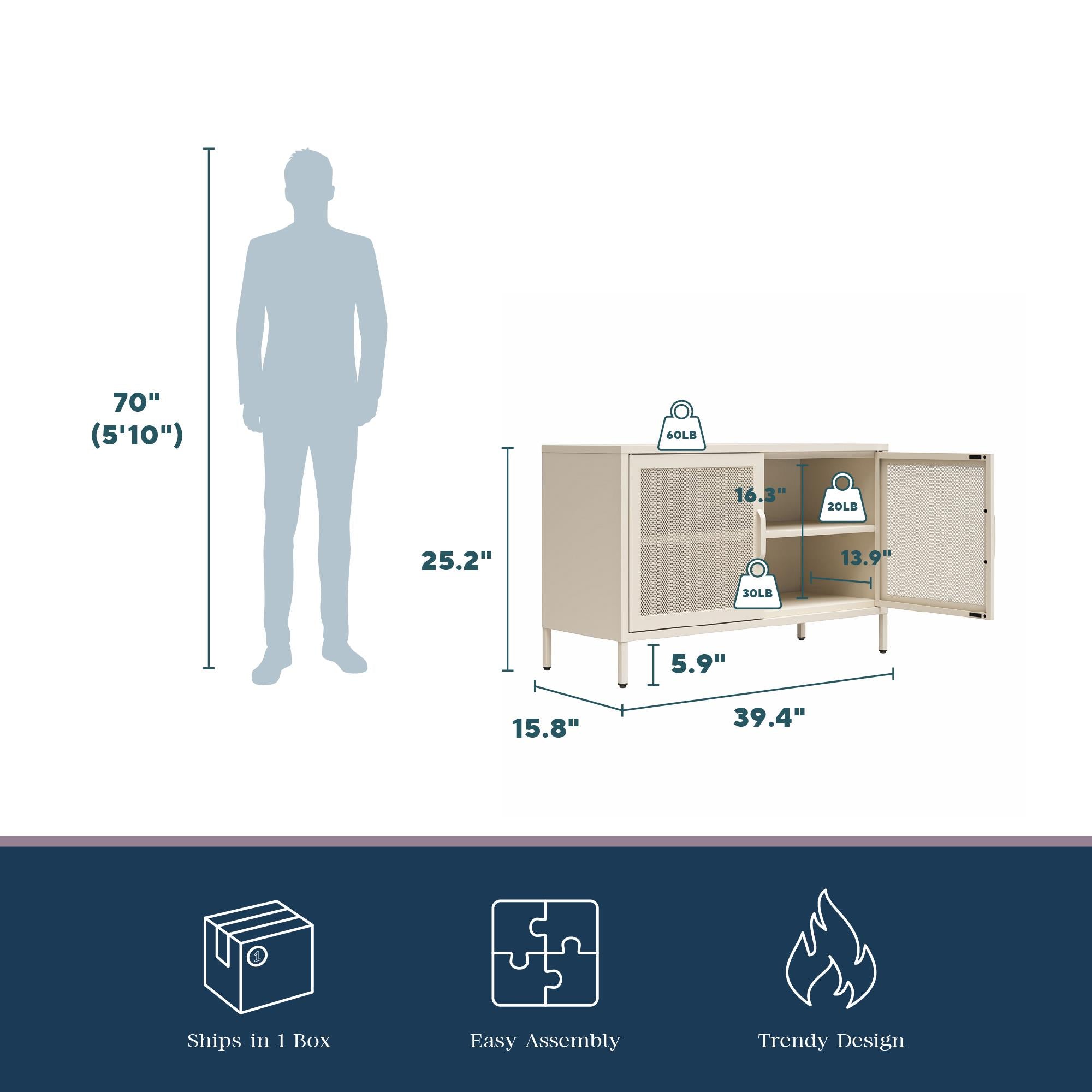 Novogratz Channing 2 Door Accent Cabinet-Mesh Metal Locker - Parchment