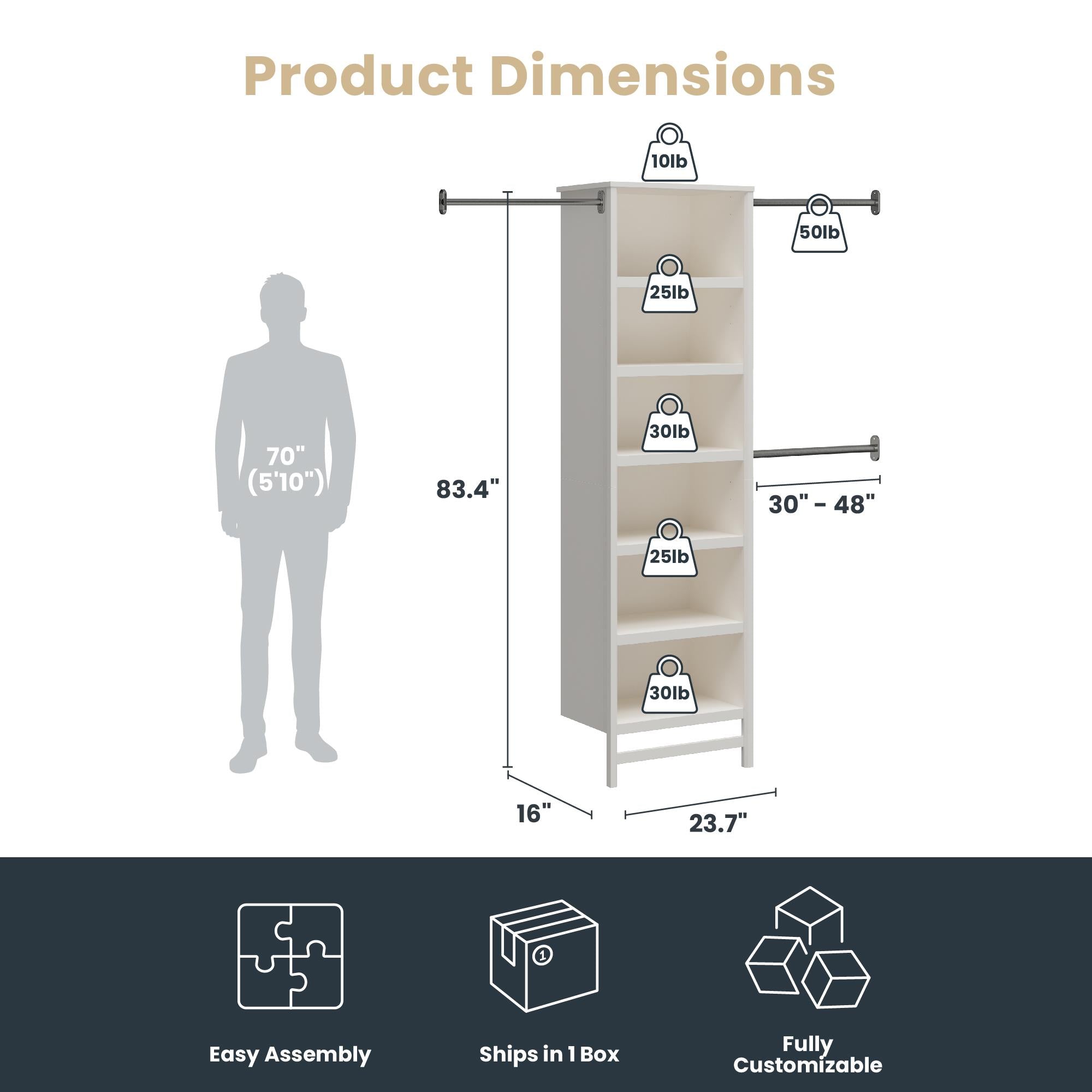 Systembuild Evolution Luxe 6-Shelf Closet Tower with 3 Adjustable Clothing Rods - Ivory Oak