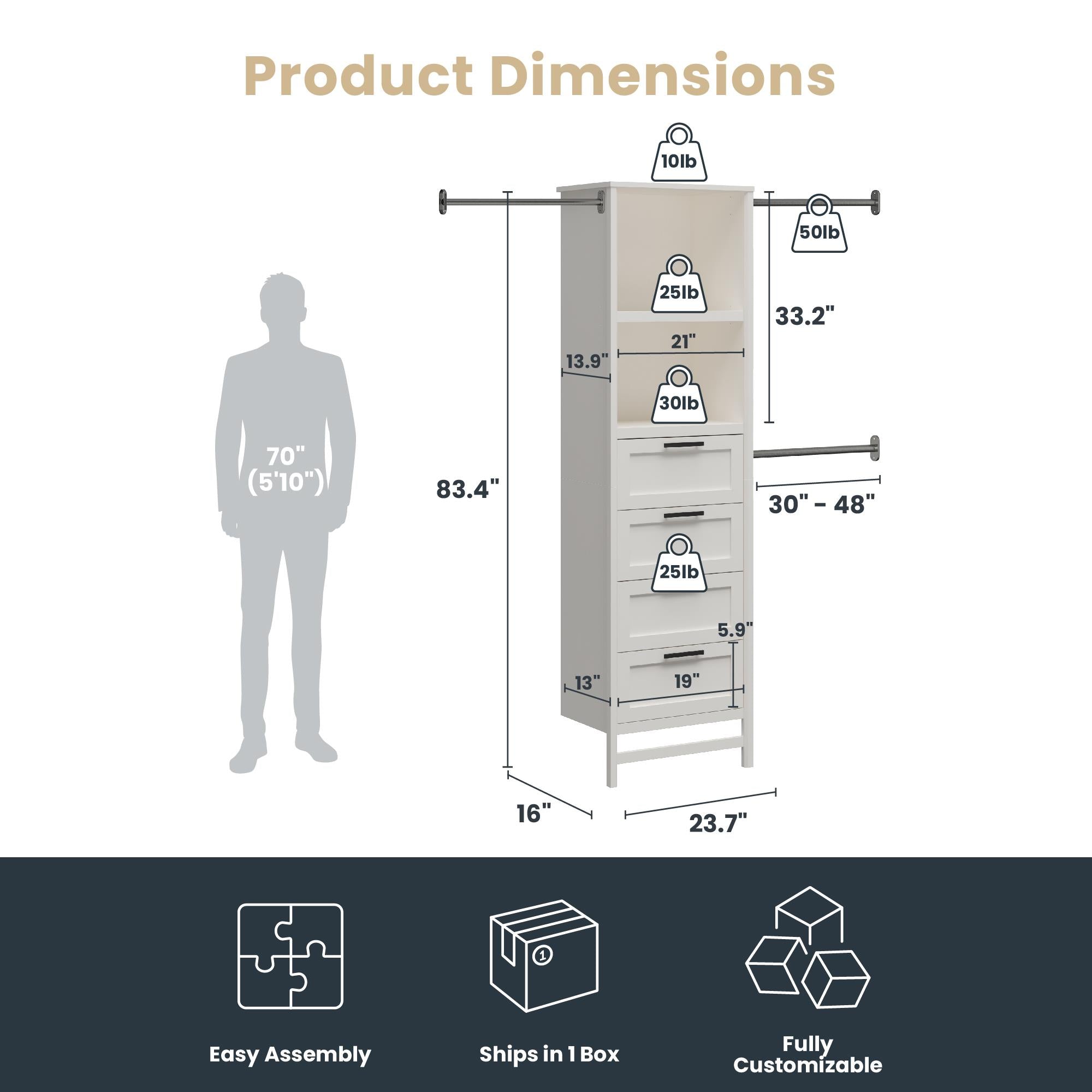 Systembuild Evolution Luxe 4-Drawer/3 Adjustable Clothing Rod Closet Tower - Ivory Oak