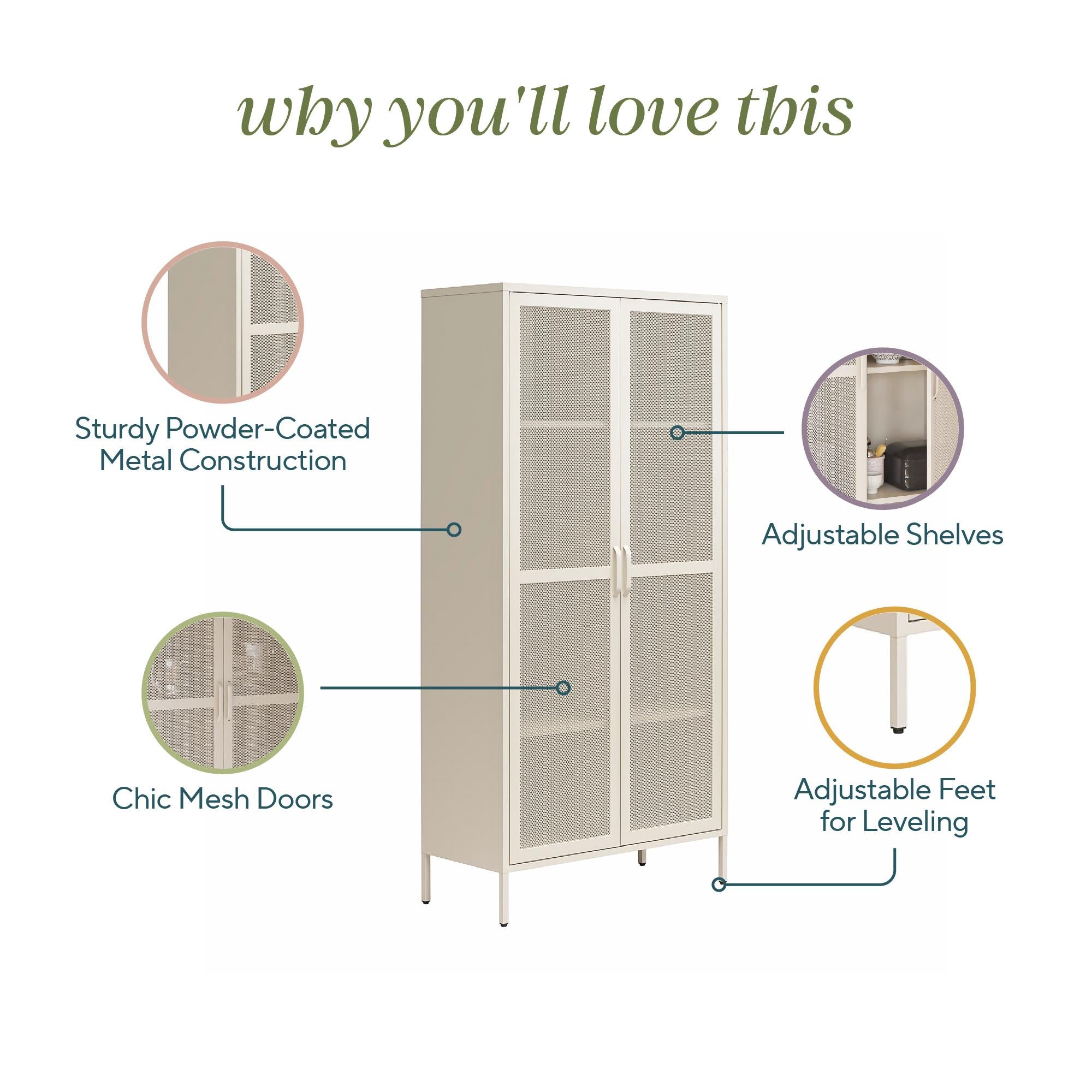 Novogratz Channing Tall 2 Door Storage Cabinet-Mesh Metal Locker - Parchment