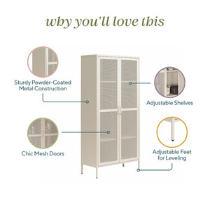 Novogratz Channing Tall 2 Door Storage Cabinet-Mesh Metal Locker - Parchment