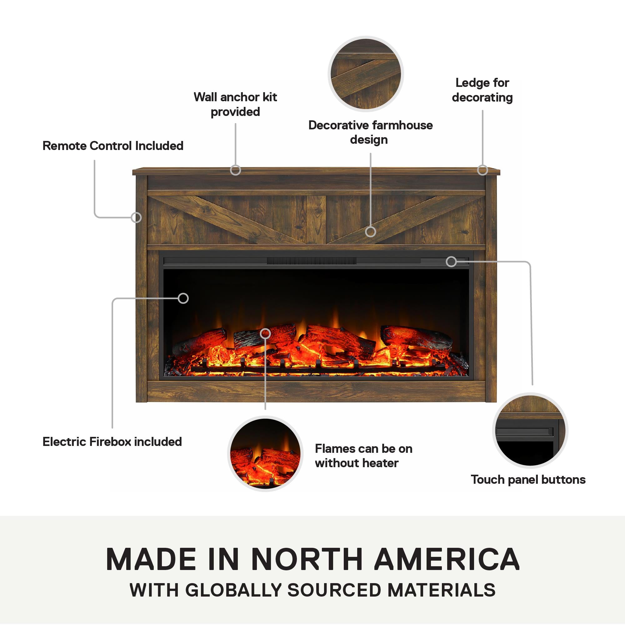 Ameriwood Home Farmington Wide Modern Farmhouse Mantel with Electric Fireplace - Century Barn Pine