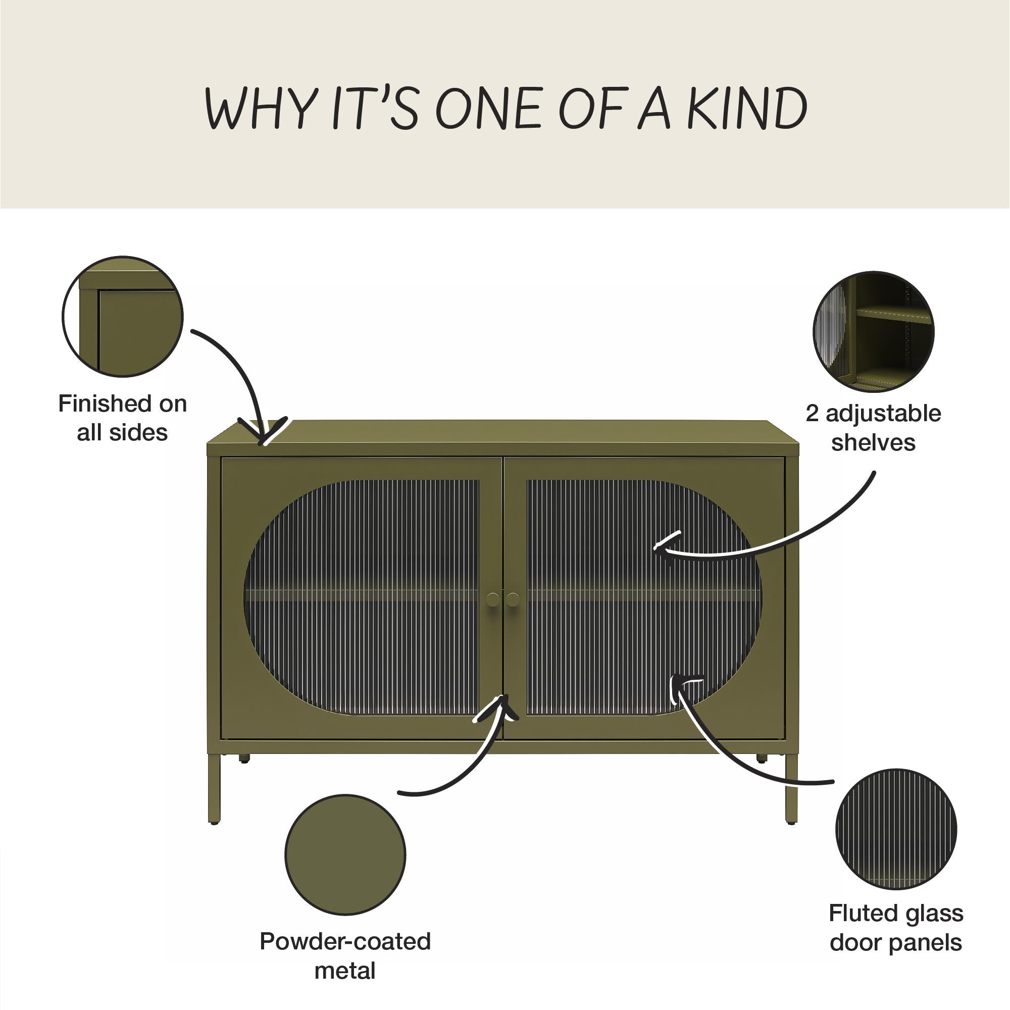 Mr. Kate Luna Wide 2-Door Accent Cabinet with Fluted Glass - Olive Green Metal